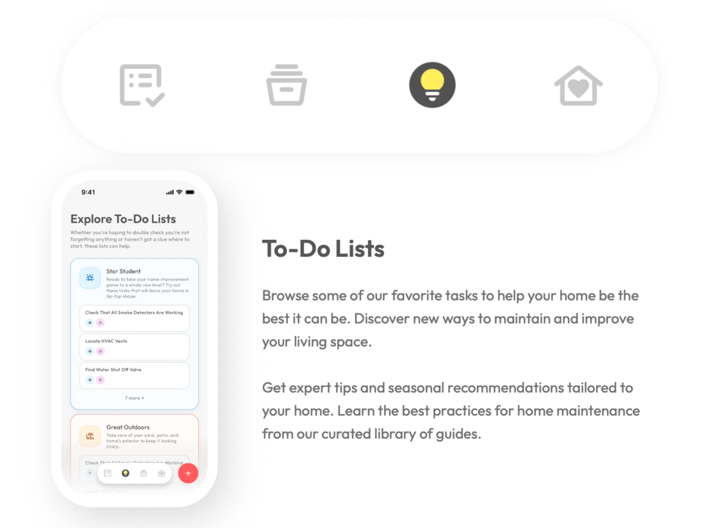 Screenshot from Domis showing a to-do list interface with task categories and tips for home maintenance.