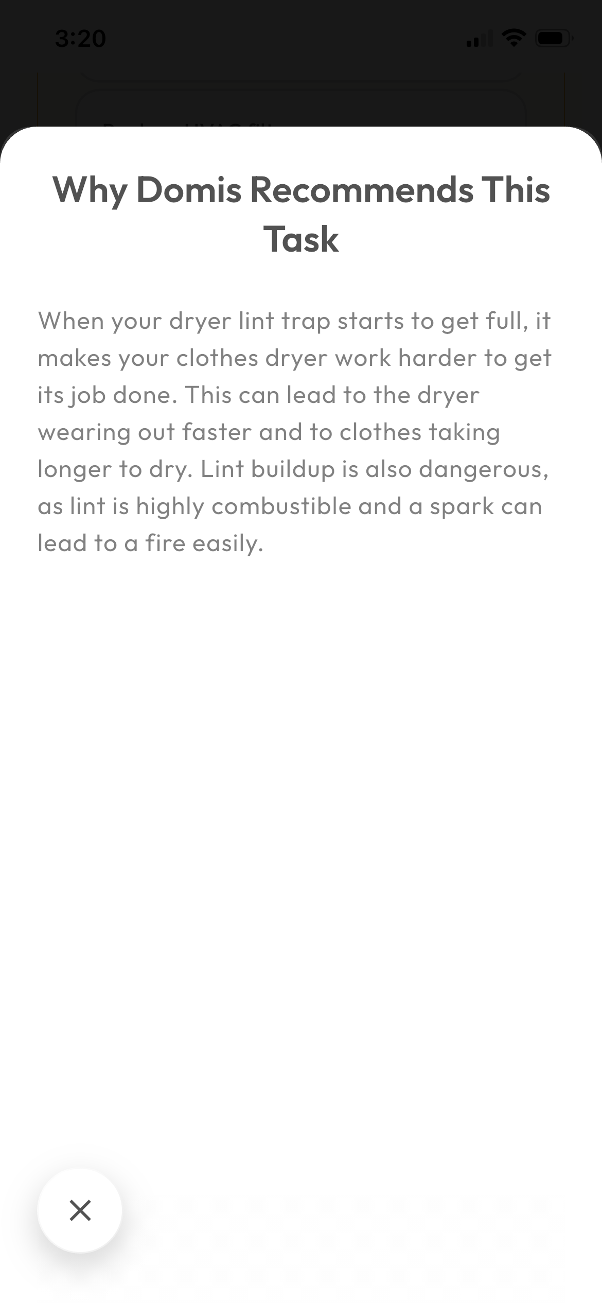 Screenshot from Domis app showing a message about dryer lint trap safety, explaining that a full lint trap makes the dryer work harder, wears out faster, and presents a fire hazard due to lint's flammability.