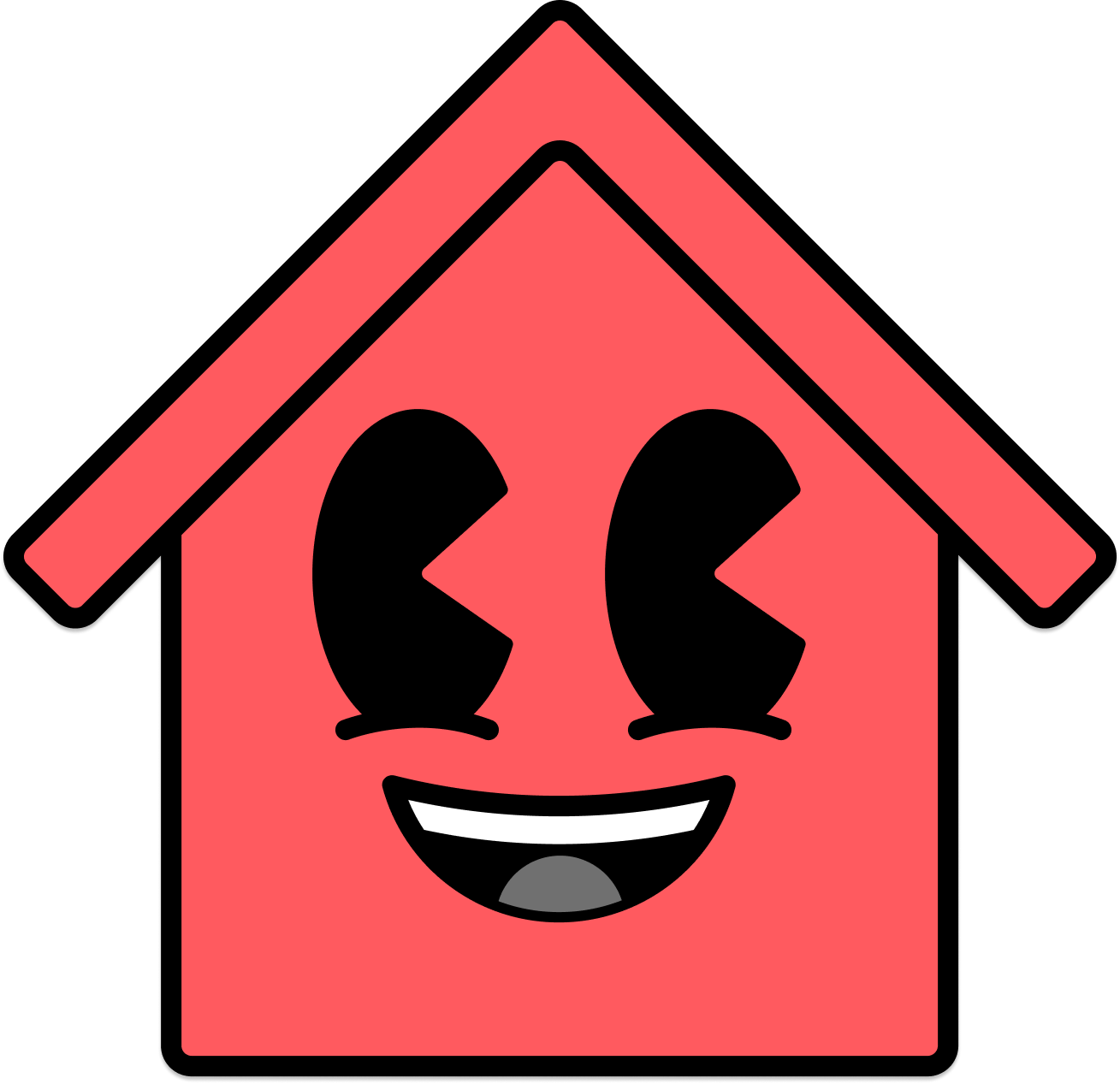 Domis mascot and logo. It shows a cartoon illustration of a red house with a smiling face, happy eyes, and a wide grin.