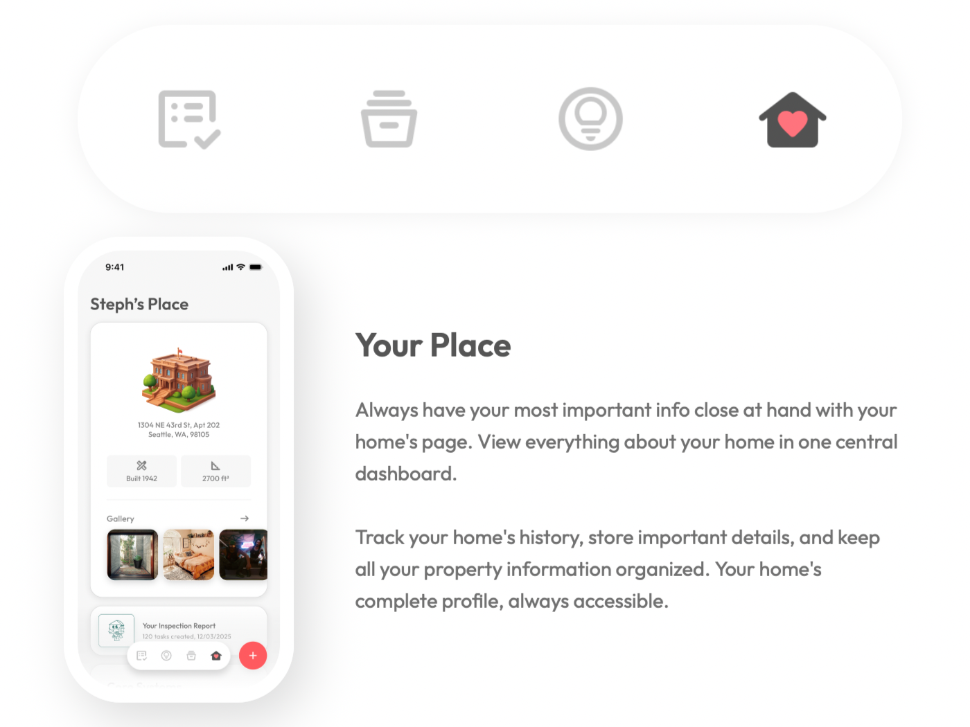 Screenshot from Domis app displaying a home profile, address, built year, size, gallery images, and inspection report, overlaid on a webpage explaining the app's features.

To the right, it says "Your Place" and a description of the page.