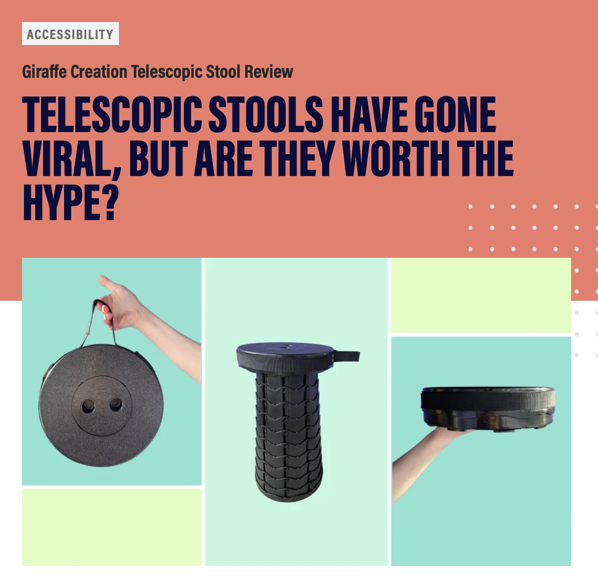 Pictures of telescoping stool for Accessibility with title that reads, "Giraffe Creation Telescopic Stool Review, Telescopic Stools Have Gone Viral, But Are They Worth the Hype?"