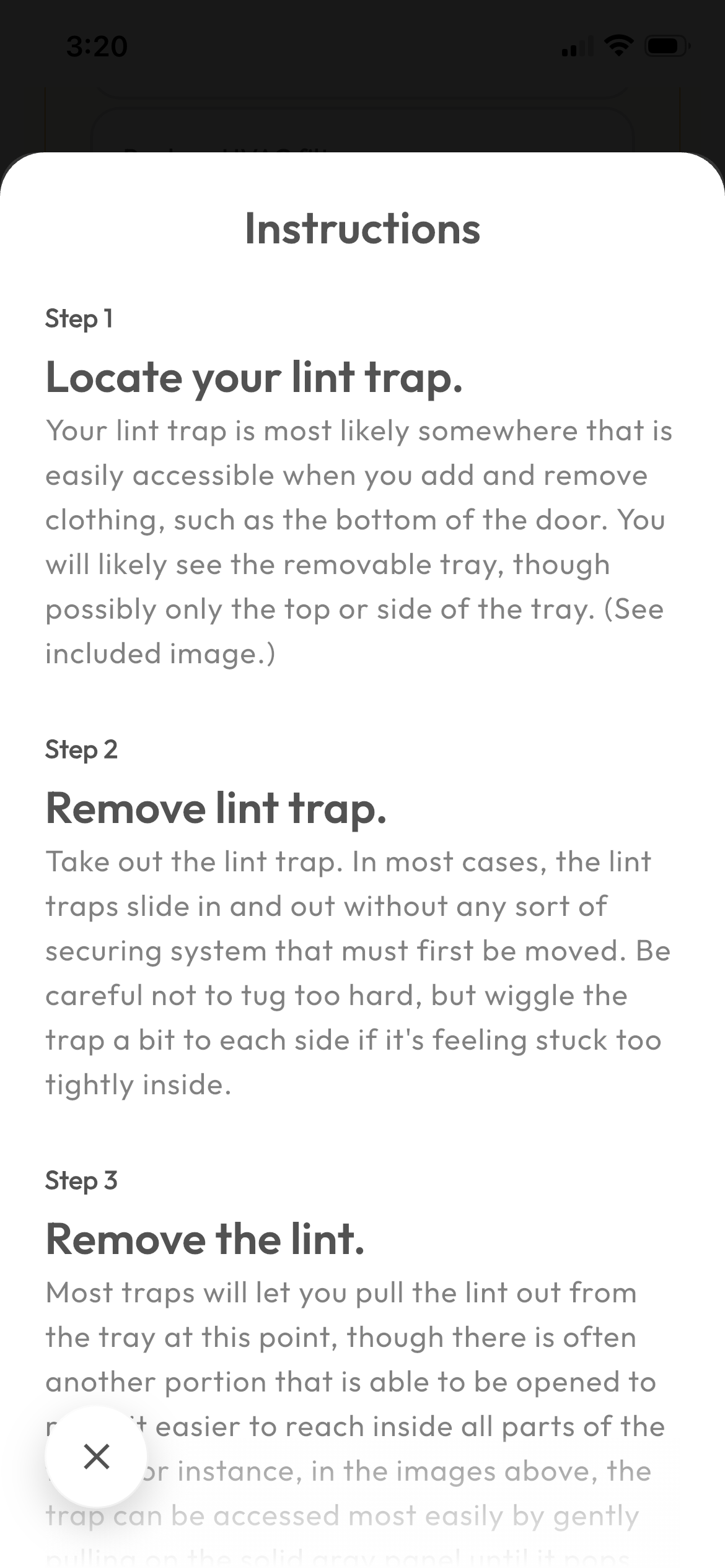 Screenshot of the instructions for the "Check lint trap" task in the Domis app. Gives instructions for finding, removing, and handling the lint trap.