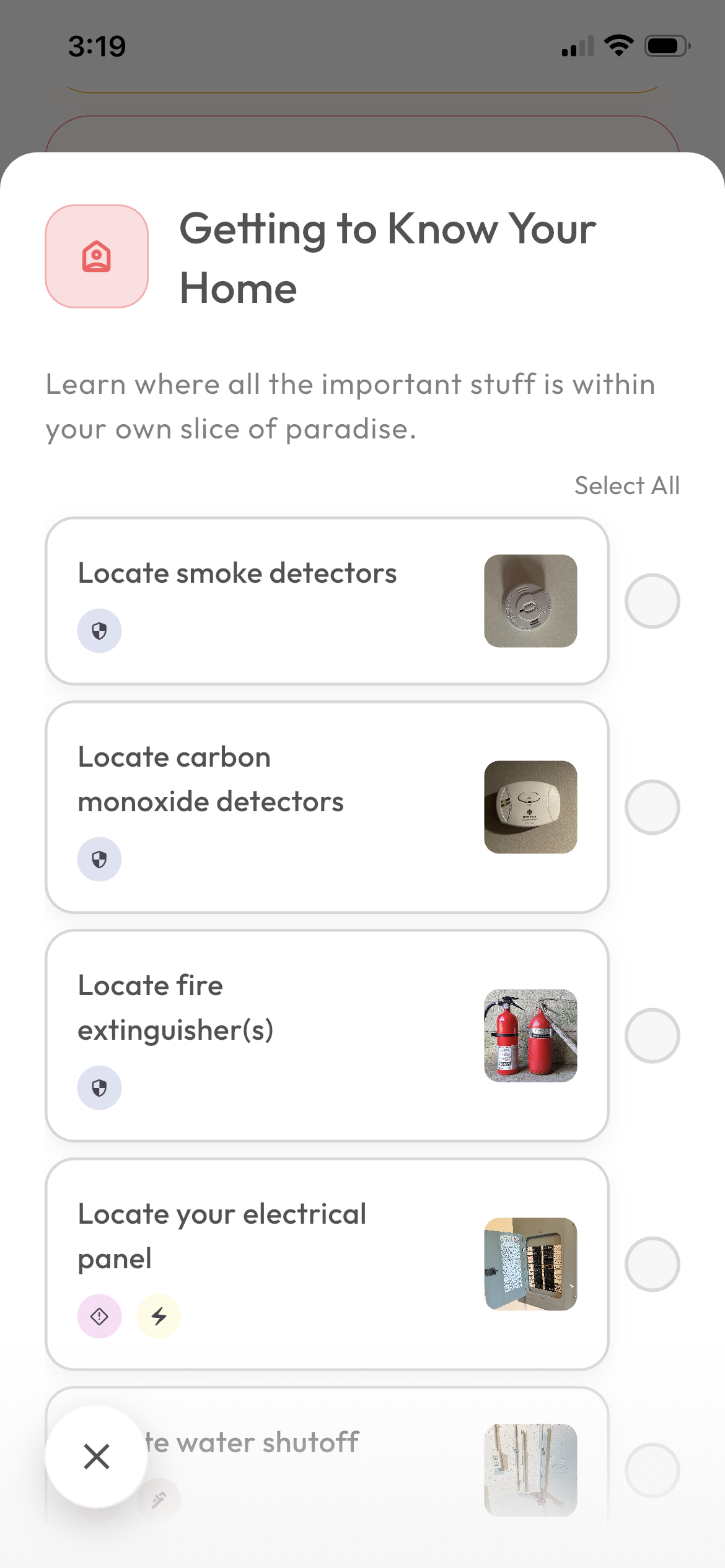 Screenshot of Domis app showing options for managing home safety, including locating smoke detectors, carbon monoxide detectors, fire extinguishers, electrical panels, and water shutoff.