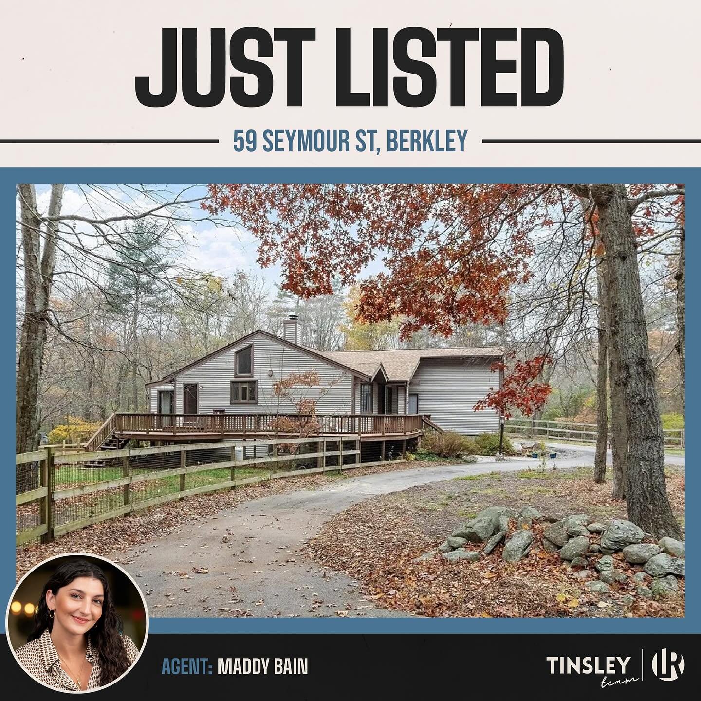 Just Listed in Berkley! 🏡✨
📍 59 Seymour St, Berkley, MA 02779
💰 Offered at $714,000
🛏 3 Beds | 🛁 3 Baths | 📐 2,371 sq.ft.

Set on a private 6.7-acre wooded lot with a circular drive and wrap-around deck, this contemporary ranch offers tranquill