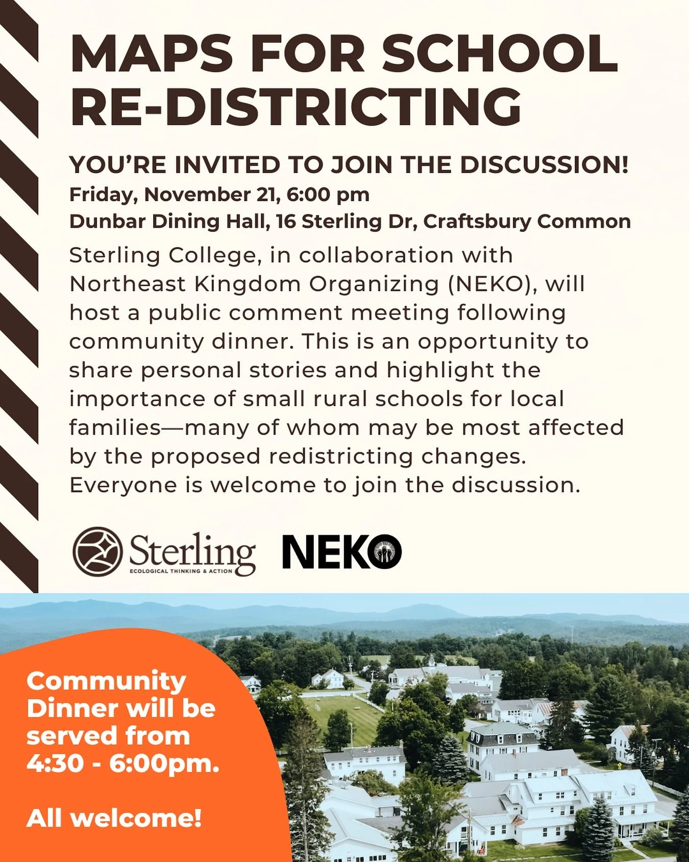 💬 Save the Date: Community Dinner followed by Maps for School Re-Districting Discussion 

📅 Friday, November 21, 2025 | 🕓 Dinner at 4:30 PM, Discussion at 6:00 PM
 📍 Dunbar Dining Hall, 16 Sterling Drive, Craftsbury Common

The State Committee of