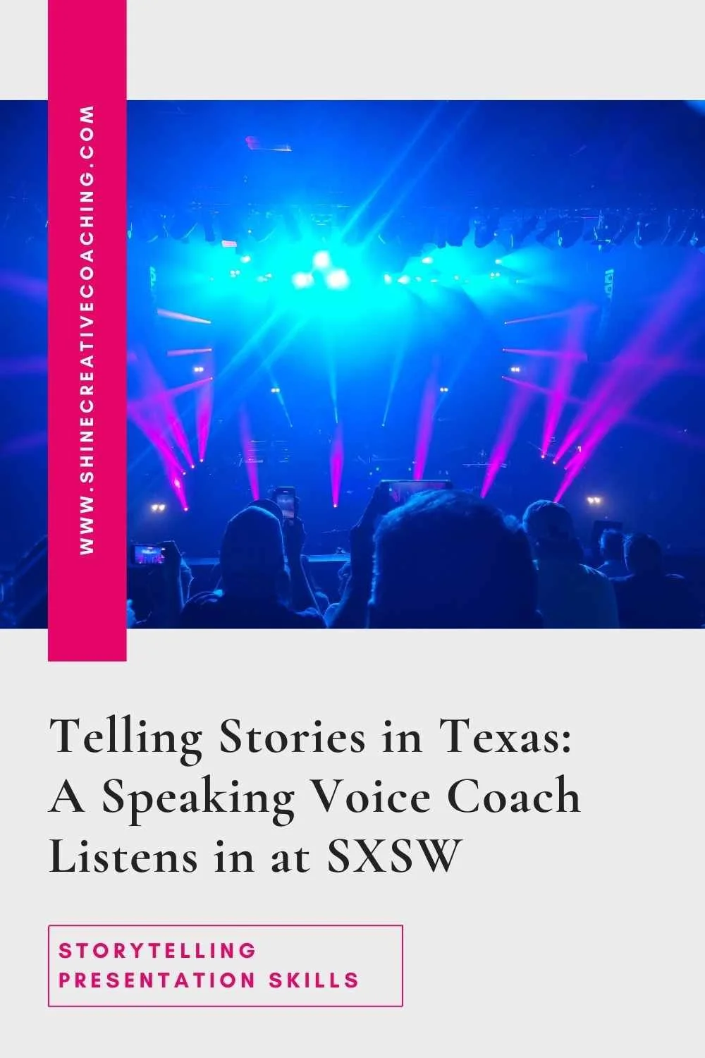 A group of fans watch and film the New Order concert at SXSW. There are blue lights washing over the stage from above, fog is hanging in the air, and pink laser lights are streaming up from the stage.