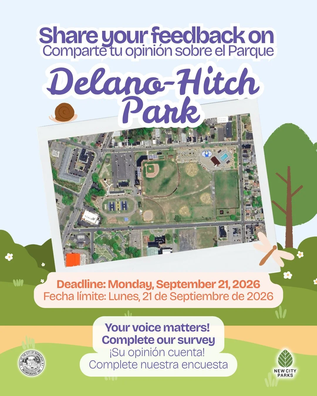 🌳 Share your feedback on Delano-Hitch Park! &iexcl;Comparte tu opini&oacute;n sobre el Parque Delano-Hitch! 📣 

New City Parks is working with the City of Newburgh to develop a vision for the future of Delano-Hitch Park, and we want to hear from yo