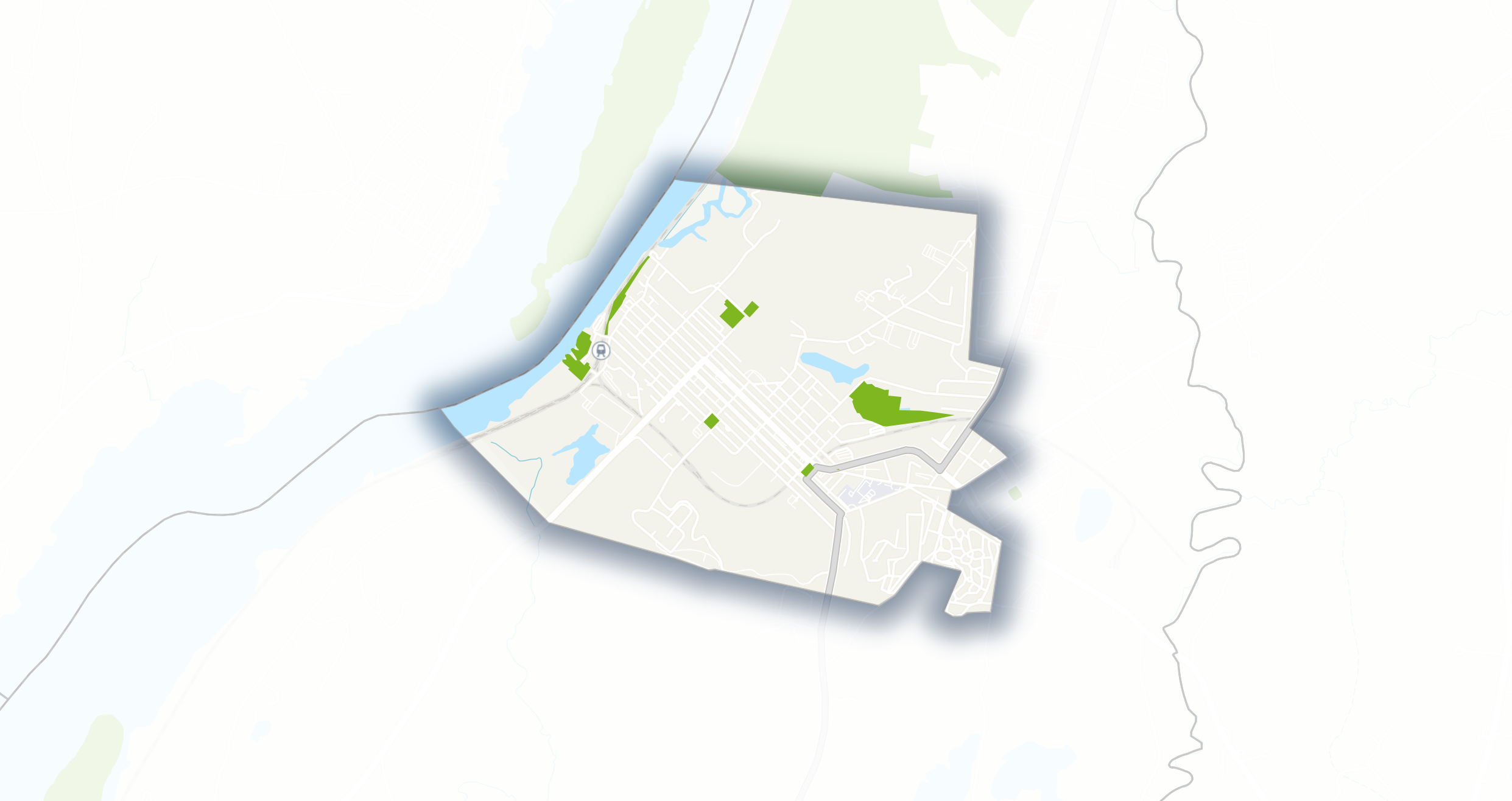 A digital map displaying a city with roads, green parks, water bodies, and surrounding land areas.