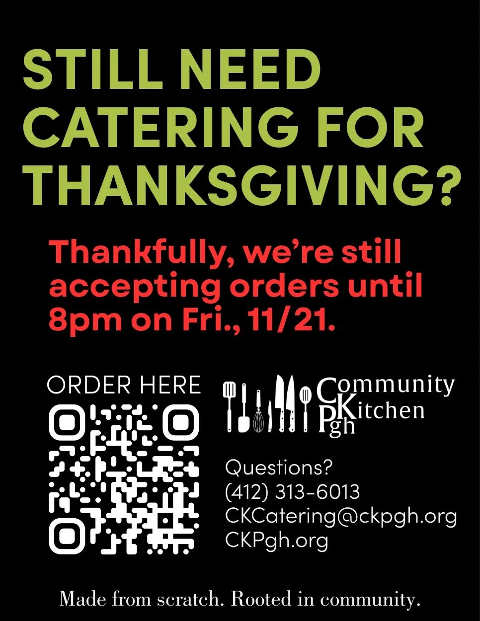 Sooo&hellip; still need to order your Thanksgiving catering?

We&rsquo;re still accepting orders until 8pm tomorrow (Friday, November 21)!

From appetizers to desserts to whole meals, our catering chefs created a fabulous Holiday Menu for you to choo