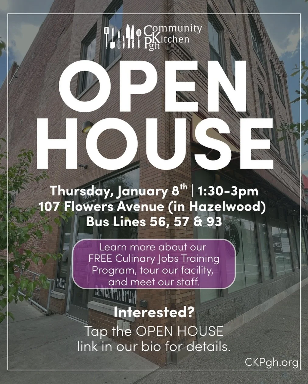 New Year. New Start. 

Are you looking for a job?

Do you like to cook?

Attend our Open House on THURSDAY to learn more about our NO-COST Culinary Jobs Training program, tour our facility, and meet some of our staff. 

WE&rsquo;ll also be conducting