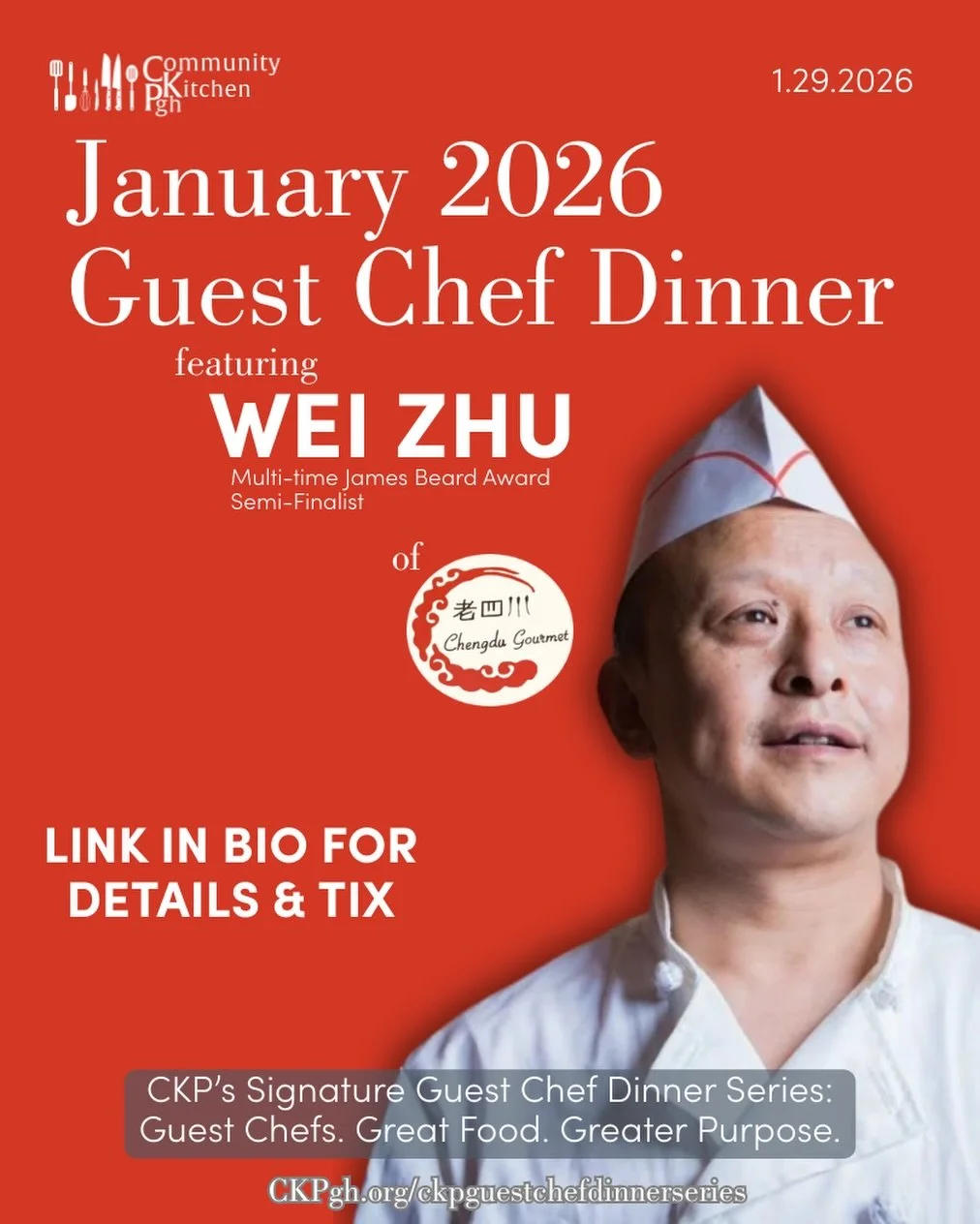 Get your ticket(s) for our January Guest Chef Dinner with Chef Wei Zhu of Chengdu Gourmet!

We&rsquo;re honored and excited to welcome him into our kitchen as we kick off our 2026 Guest Chef Season!

To get your tix, head to the link in our bio. 

#c