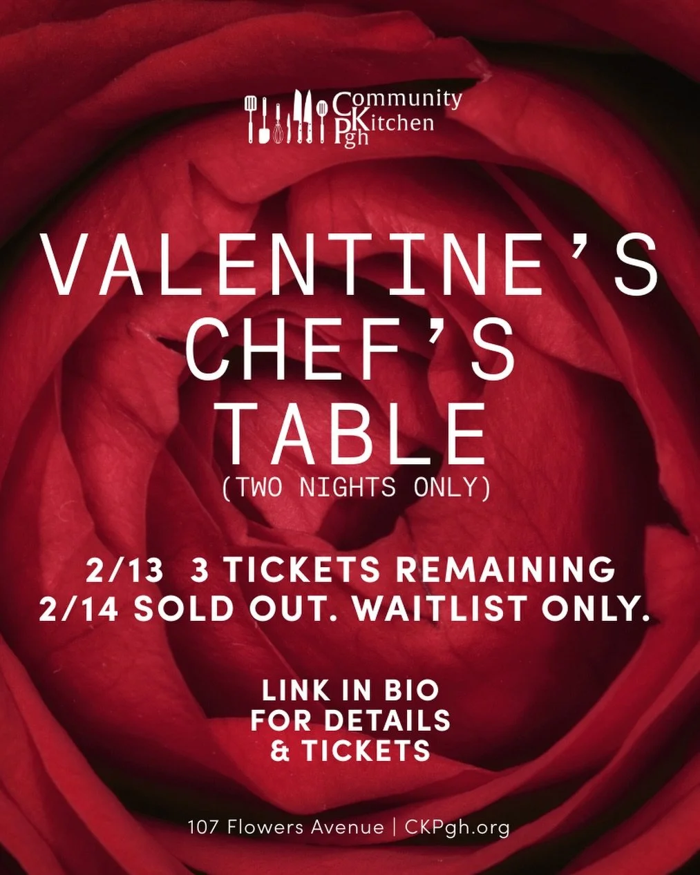 Saturday, February 14th is SOLD OUT. (With a waitlist)

And just 3 tickets (2 seats per ticket) remain for Friday, February 13th!

Haven&rsquo;t booked your dinner for Galentine&rsquo;s / Valentine&rsquo;s? Skip the packed dining rooms and join us in