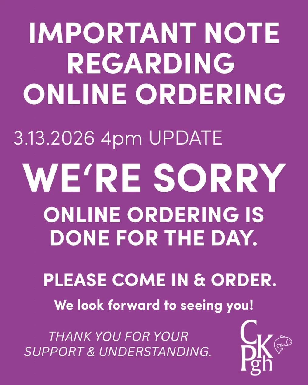 UPDATE: we&rsquo;re done accepting online orders for the day. Please come in and order. Plus, we&rsquo;d love to see your face!

Slingin&rsquo; fish &lsquo;til 7!

#ckpfishfry #fishfry #pghfood #ckpgh