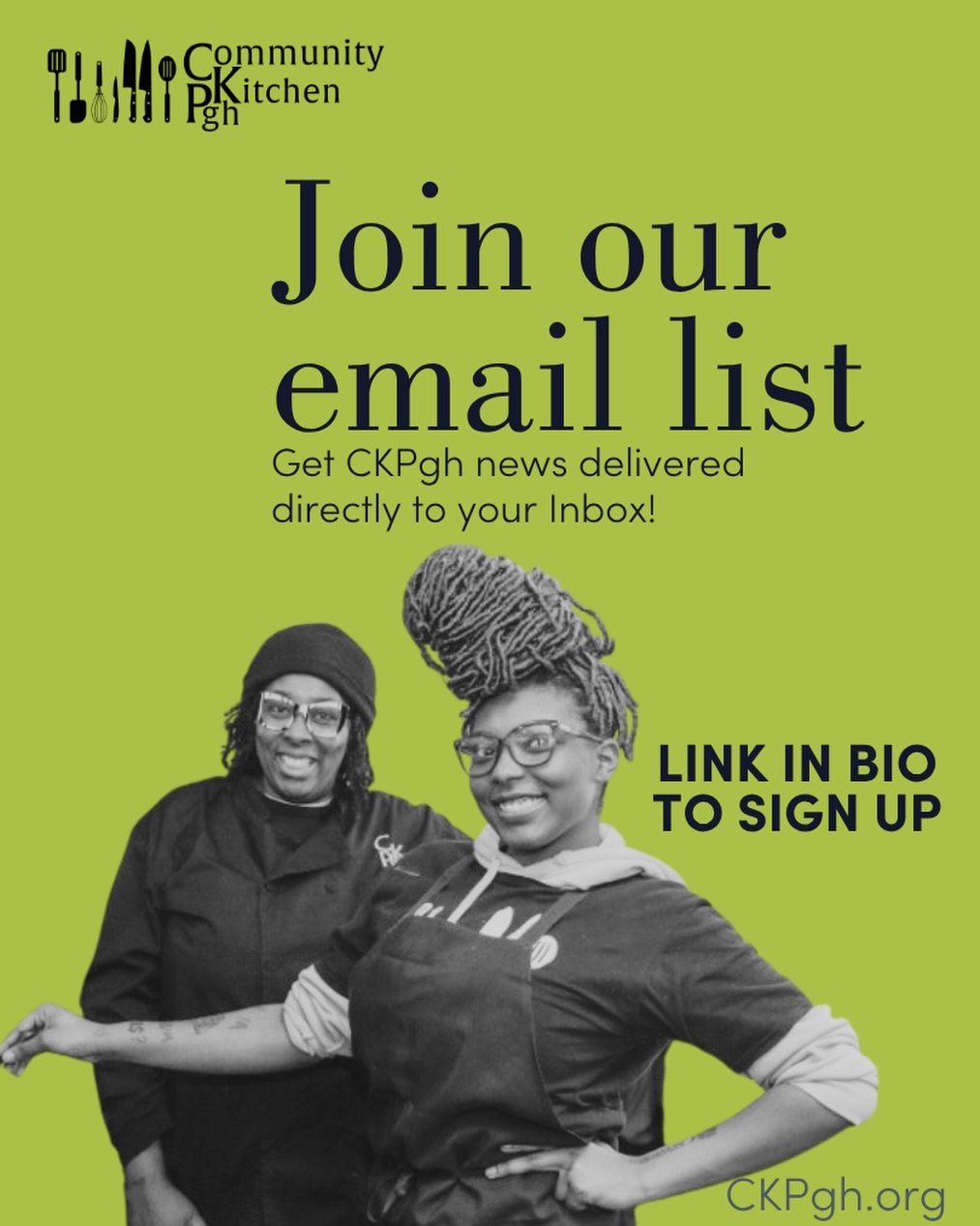 Are you on our email list?📧

Get CKPgh news sent directly to your inbox! (And sometimes, our email list gets exclusive news FIRST.🤫)

Tap the LINK IN OUR BIO to sign up today!

#ckpgh #cookingupopportunity #pghnonprofit #pghfood #workforcedevelopme