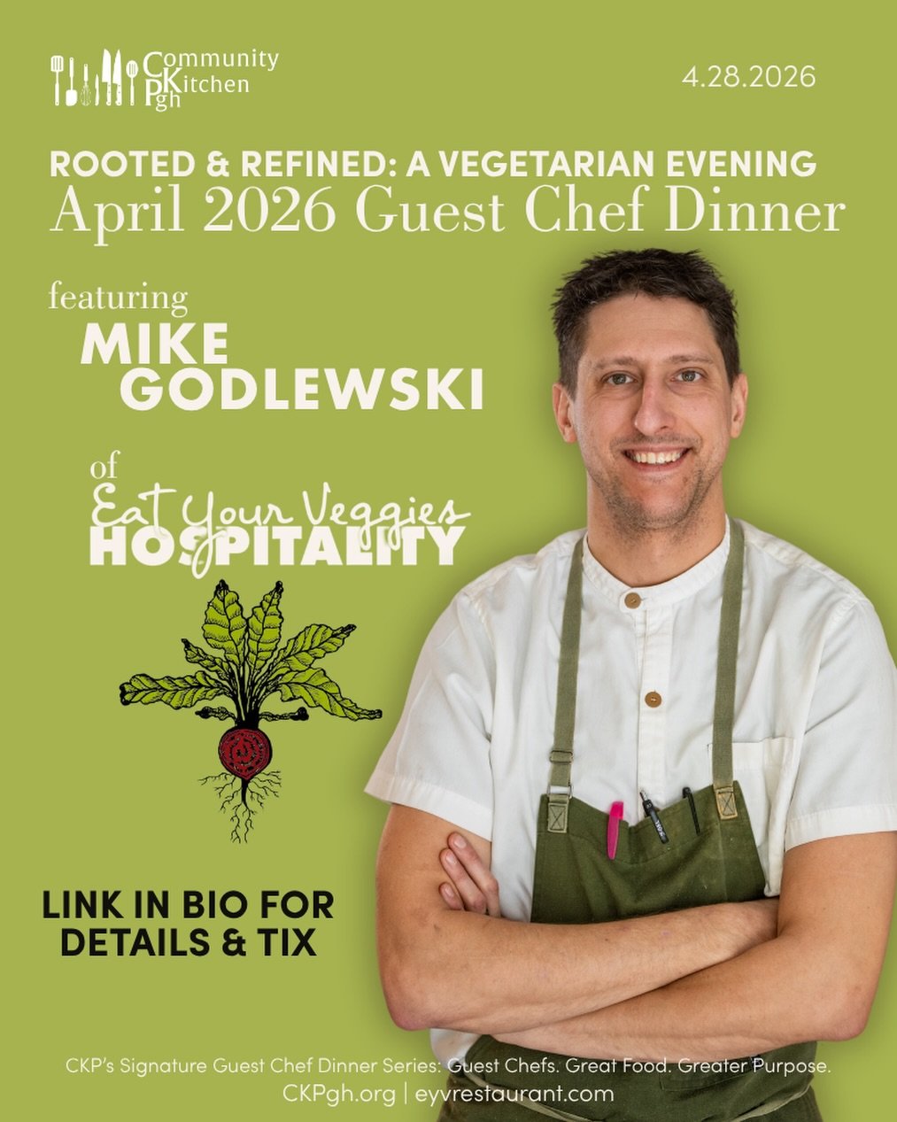 ATTENTION PITTSBURGH VEGGIE LOVERS!!!

This month&rsquo;s Guest Chef Dinner is for YOU!

We&rsquo;re STOKED to welcome @eyv_restaurant&rsquo;s Chef @mgodlewski412 back into our kitchen on Tuesday, April 28th!

This is going to be a completely VEGETAR