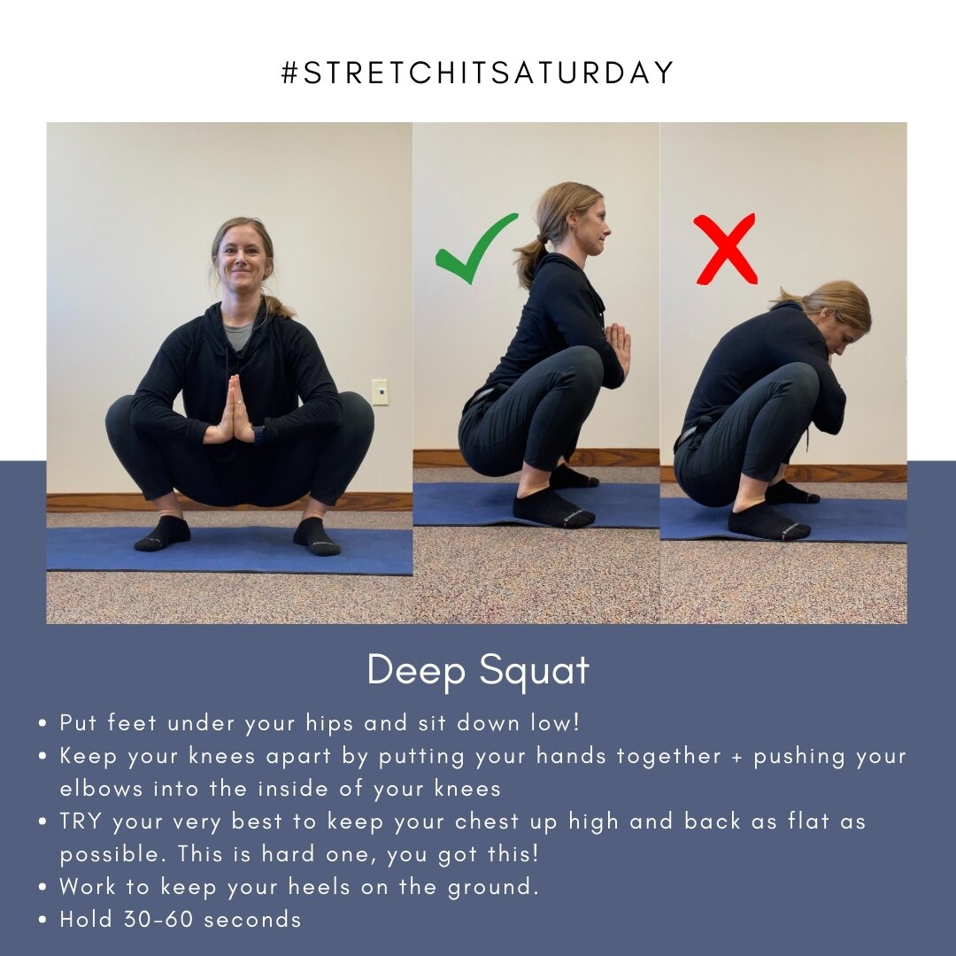#StretchItSaturday - DEEP SQUAT
 
🤸&zwj;♂️ How to: 
1️⃣ Put feet under your hips and sit down low! Keep your heels on the ground. 
2️⃣ Keep your knees apart by putting your hands together + pushing your elbows into the inside of your knees.
3️⃣ TRY 