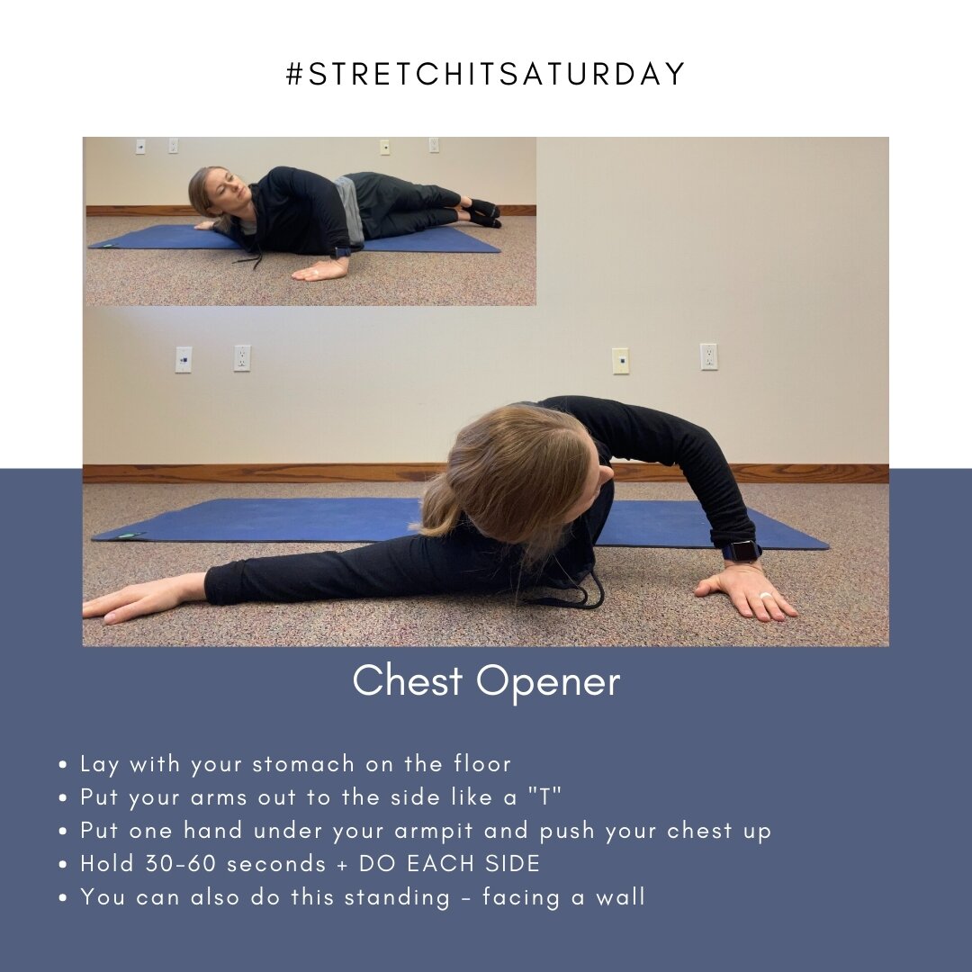 #StretchItSaturday - CHEST OPENER

🤸&zwj;♂️ How to:
1️⃣ Lay with your stomach on the floor.
2️⃣ Put your arms out to the side like a &quot;T.&quot;
3️⃣ Put one hand under your armpit and push your chest up.
4️⃣ Hold 30-60 seconds + DO EACH SIDE.

➡️