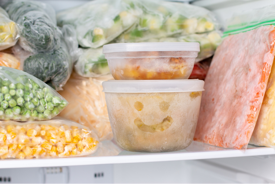 A well-organized freezer containing labeled containers of frozen meals, smiley-faced mashed potatoes, and neatly packed vegetables, showcasing efficient meal prep and storage.