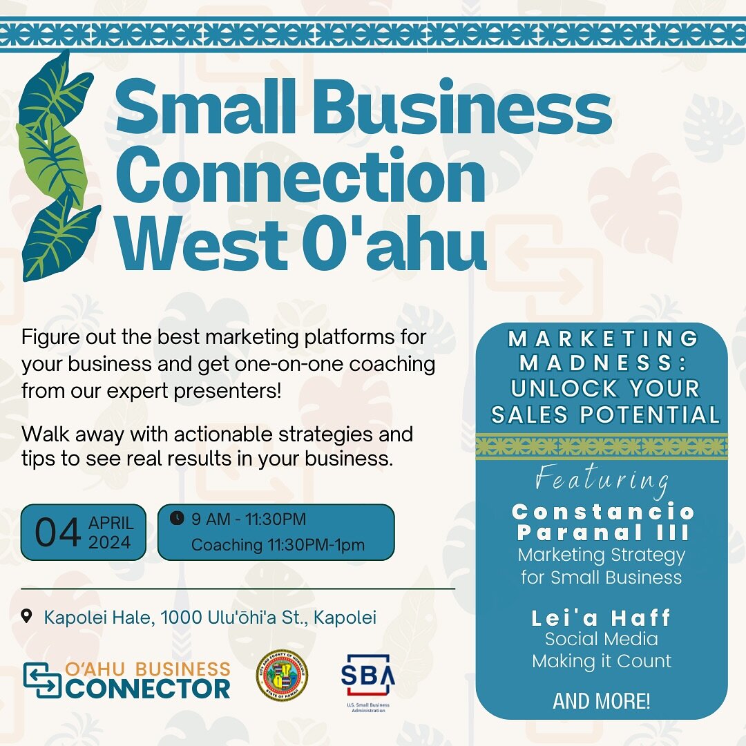 📢Oahu Small Business Owners - check this out! 

Master the marketing madness at our Small Business Connection in partnership with the U.S. Small Business Administration. 
🔹Figure out the best marketing platforms for your business. 
🔹Get one-on-one