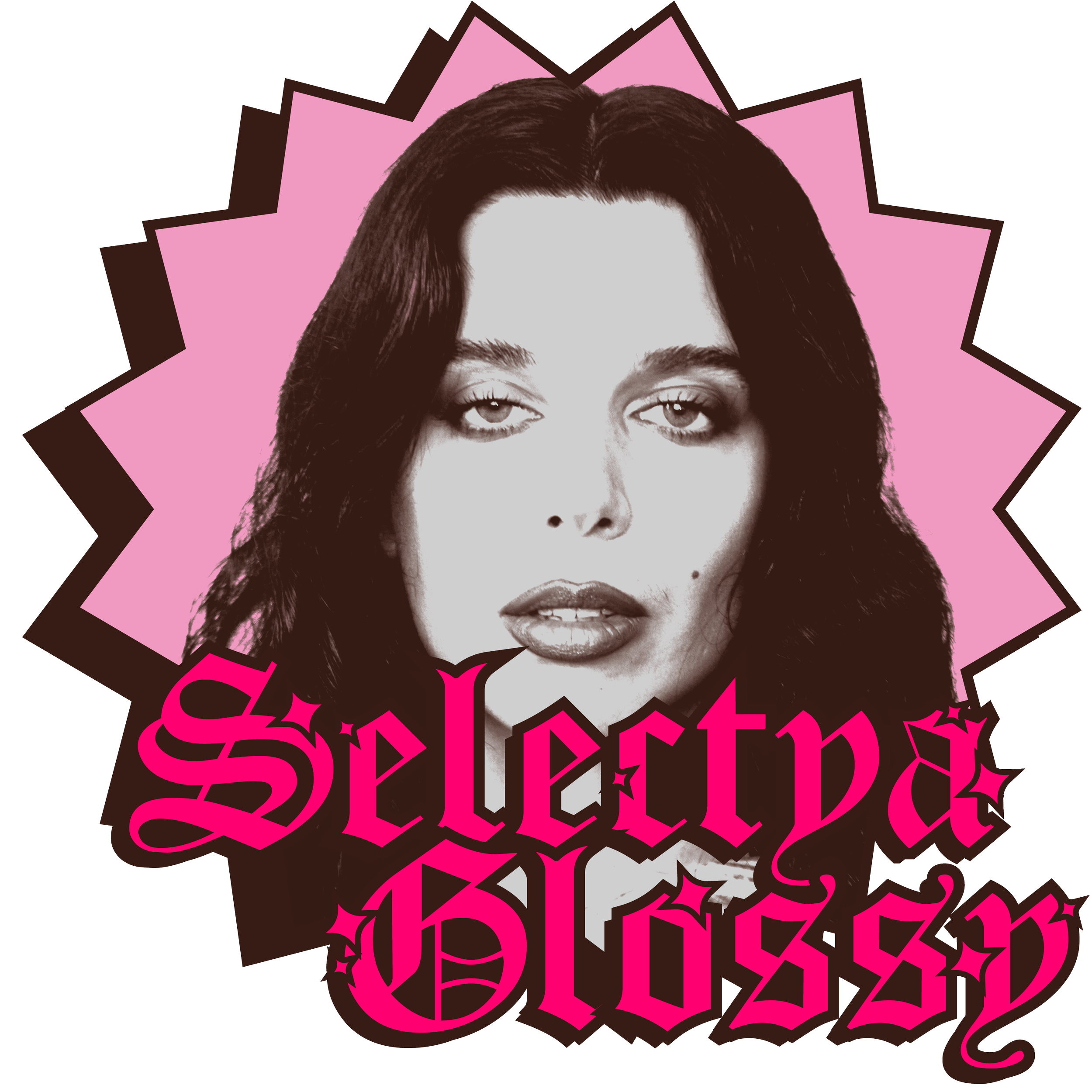 Imagen en blanco y negro de una mujer con cabello oscuro, labios y mirada expresiva, con fondo rosa y borde negro en forma de estrella. Texto en letras góticas rosas que dice "Selena Bossa".