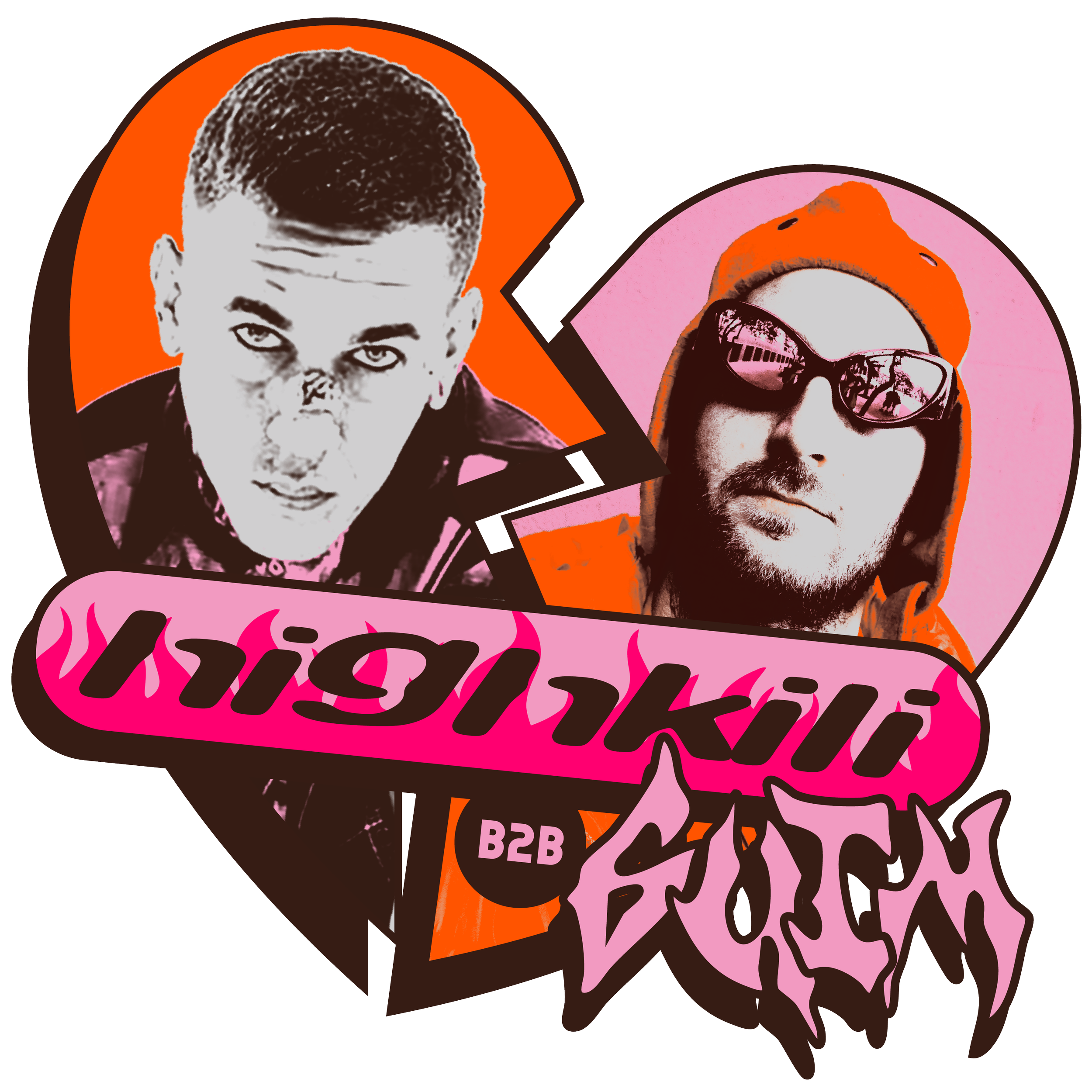 Dos caras de personas con estilo urbano, rodeadas de textos en neón y un corazón partido. La imagen tiene un estilo gráfico y colorido, con detalles de graffiti y moda moderna.