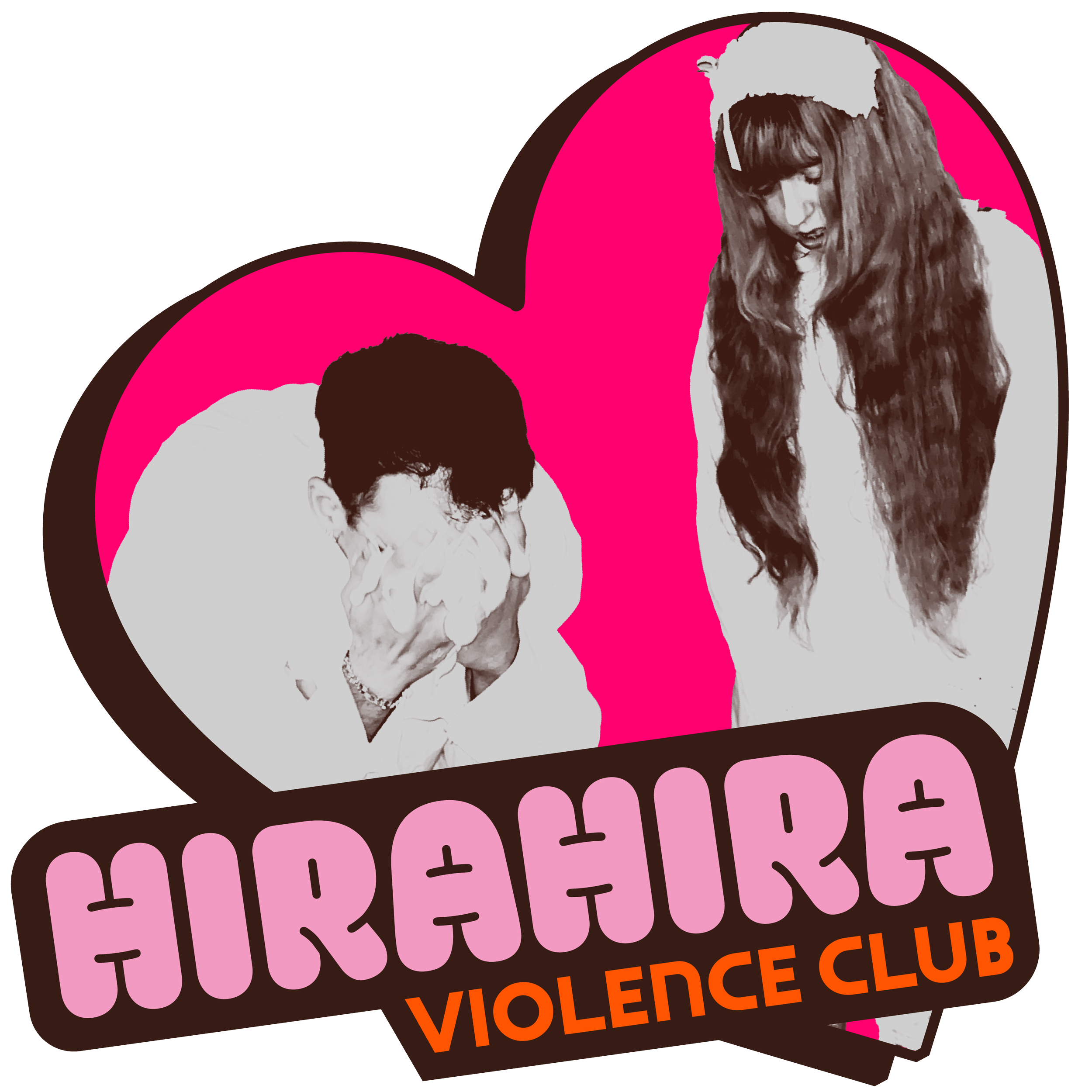 Un cartel que muestra a un hombre con las manos en la cara y una mujer con cabello largo y rizado, con fondo rosa y corazón. Texto en la parte inferior que dice 'HIRAHEIRA VIOLENCE CLUB' en letras grandes y moradas con borde negro y 'VIOLENCE CLUB' en letras naranjas.