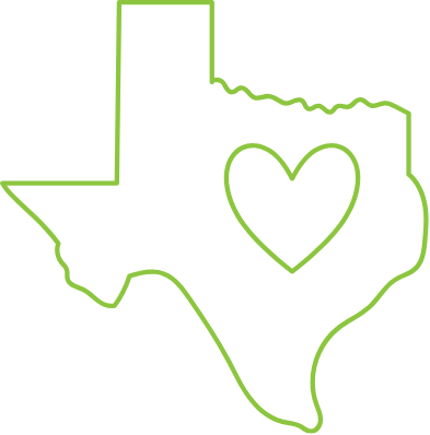 Outline of the state of Texas with a heart shape inside.