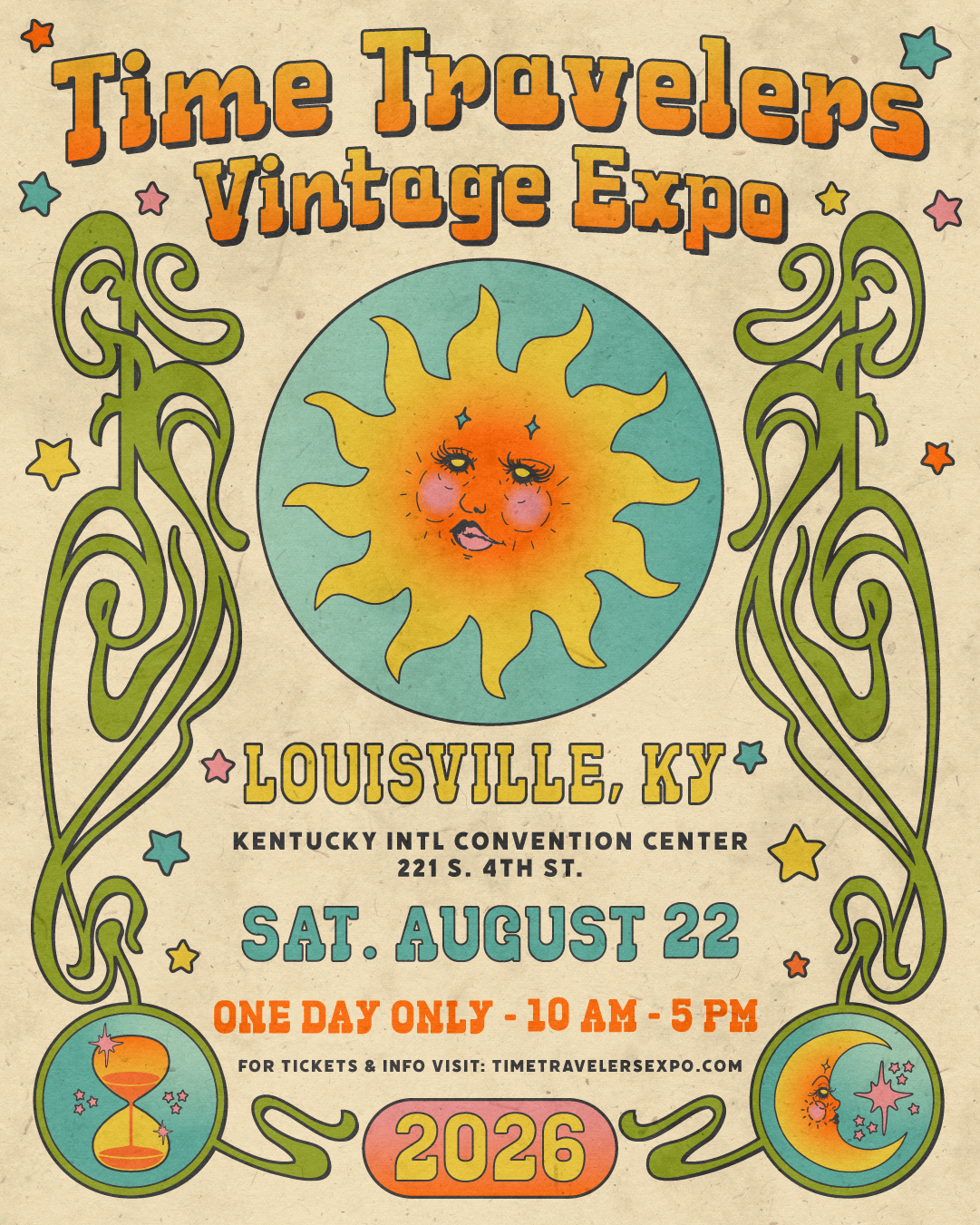 Vintage-style poster for the Time Travelers Vintage Expo in Louisville, Kentucky, featuring a whimsical sun with a human face in the center, surrounded by decorative swirling lines, stars, and planets, with event details at the bottom.