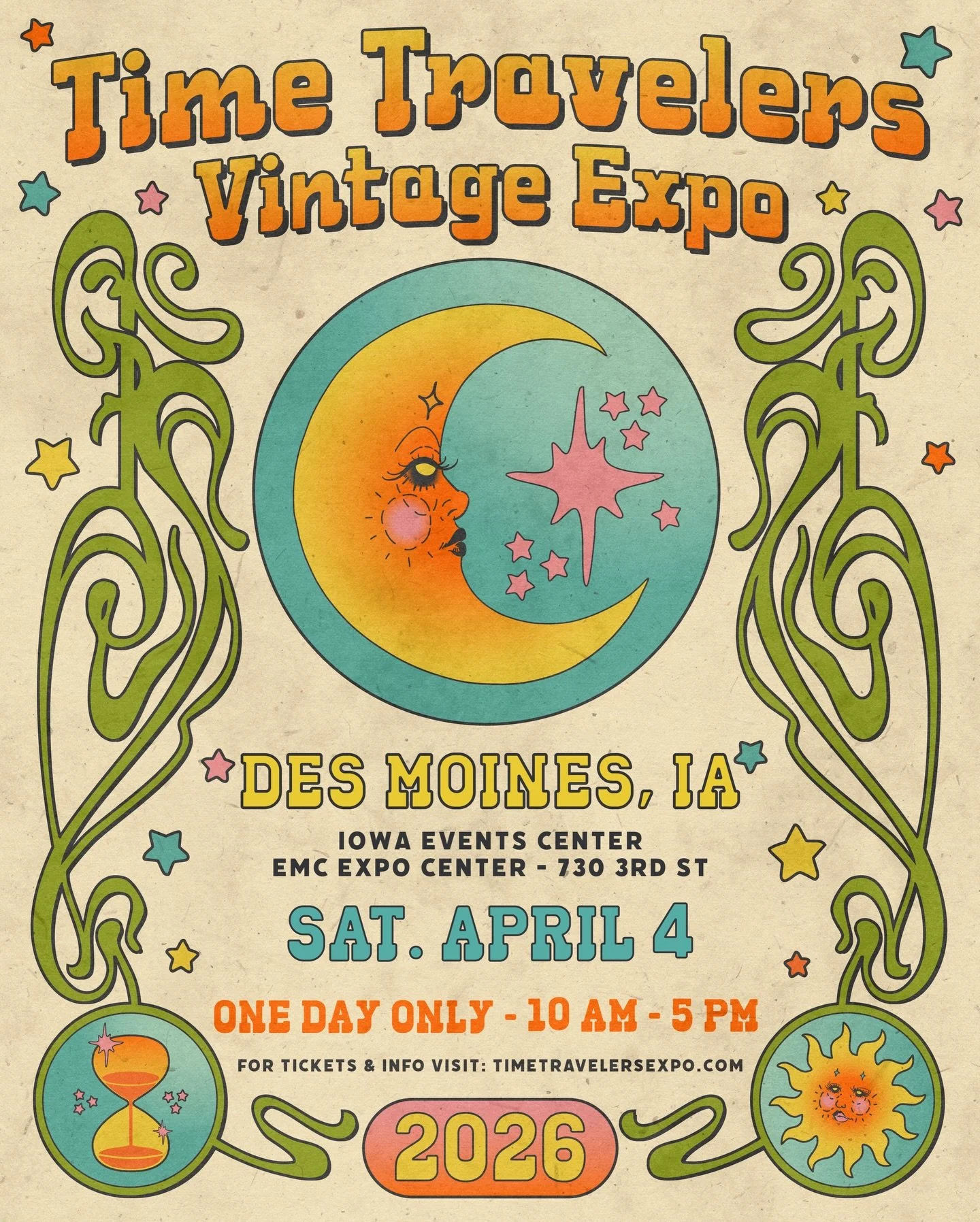 DES MOINES! 🌛 Time Travelers Vintage Expo will be back this year to bring you an incredible show! We&rsquo;ll be featuring 70+ vendors offering the best in everything from vintage clothing, home goods, and records, to handmade art, experiences, and 