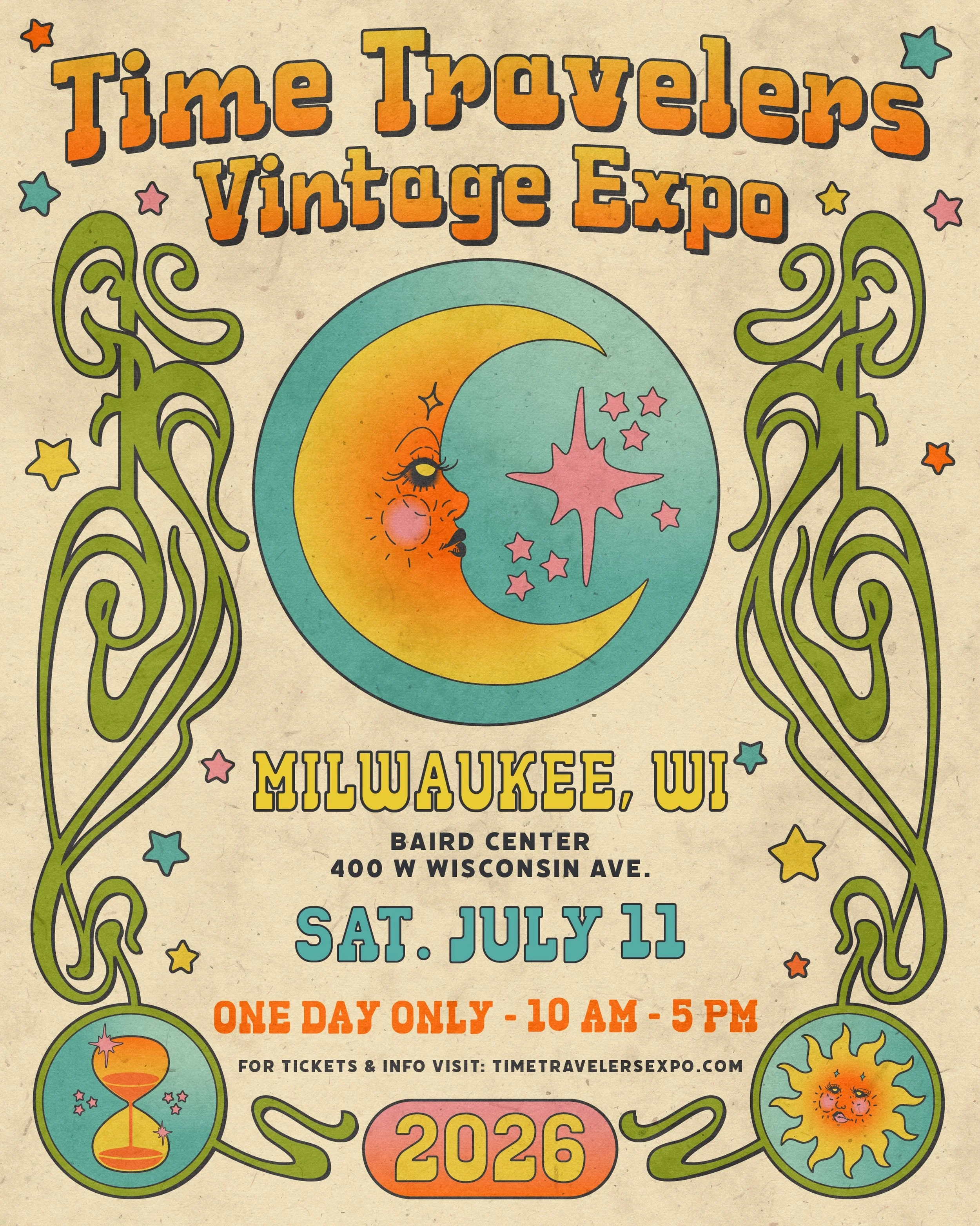MILWAUKEE! ✨ We hope you&rsquo;re ready for the vintage event of your dreams, because Time Travelers Vintage Expo is headed your way! ⏳ We&rsquo;ll be set up at the Baird Center on Saturday, July 11th, with over 85+ vendors! We can&rsquo;t wait to se