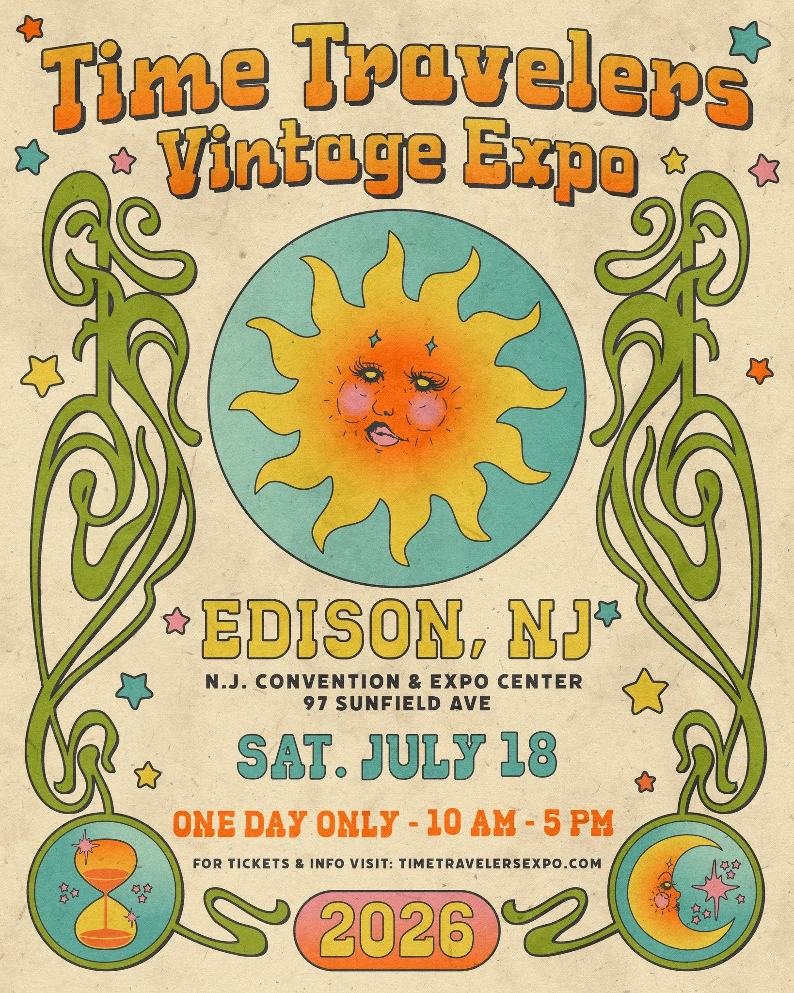 NEW JERSEY! 🌞 We're so excited to bring Time Travelers Vintage Expo back to you this Summer! We'll be setting up at the NJ Convention &amp; Expo Center on Saturday, July 18th for one day only! We're bringing together over 75+ vendors offering the be