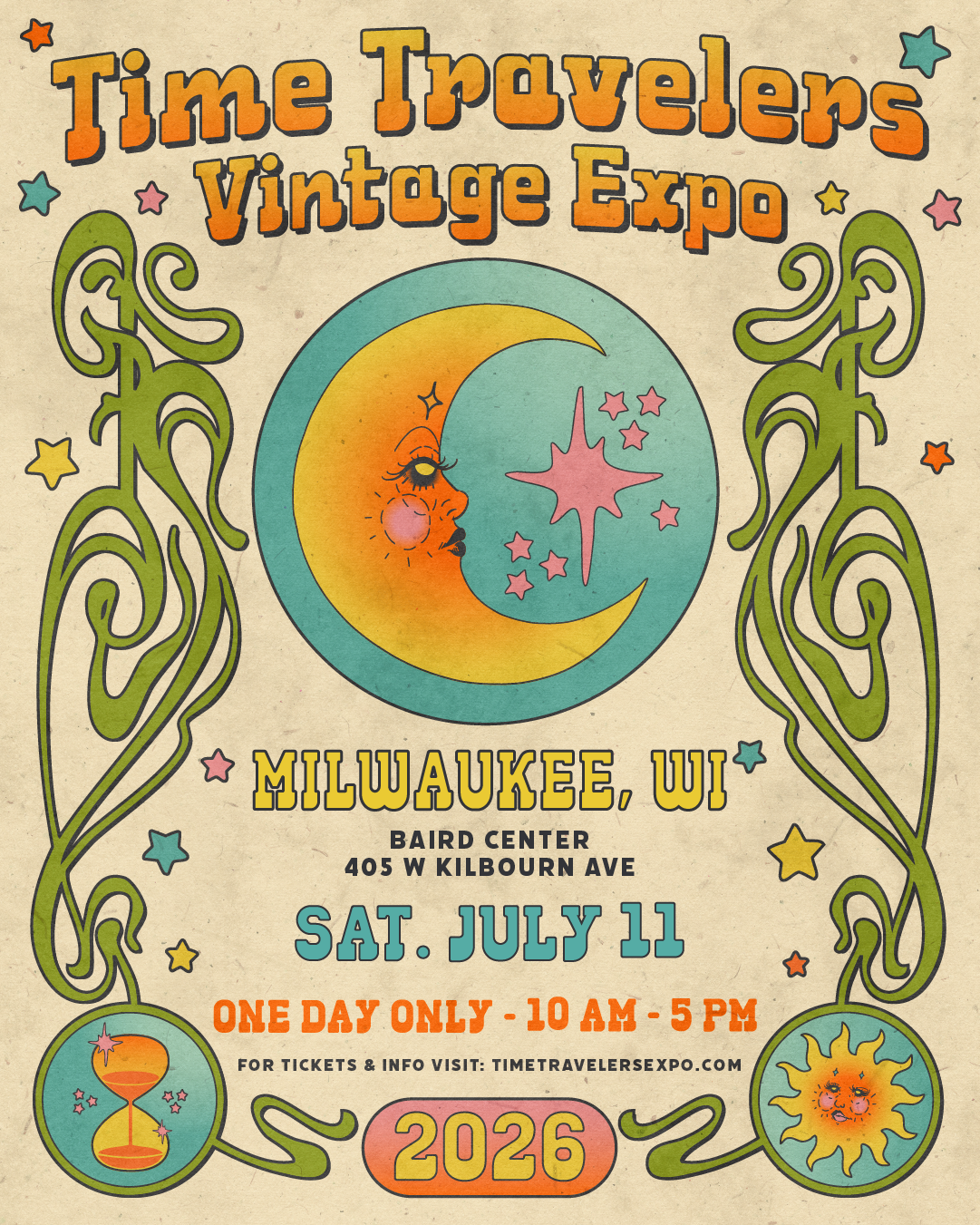 Vintage style poster for the 'Time Travelers Vintage Expo' in Milwaukee, WI, featuring a moon and star illustration in the center, decorative green swirls, and event details including date, time, location, and website.