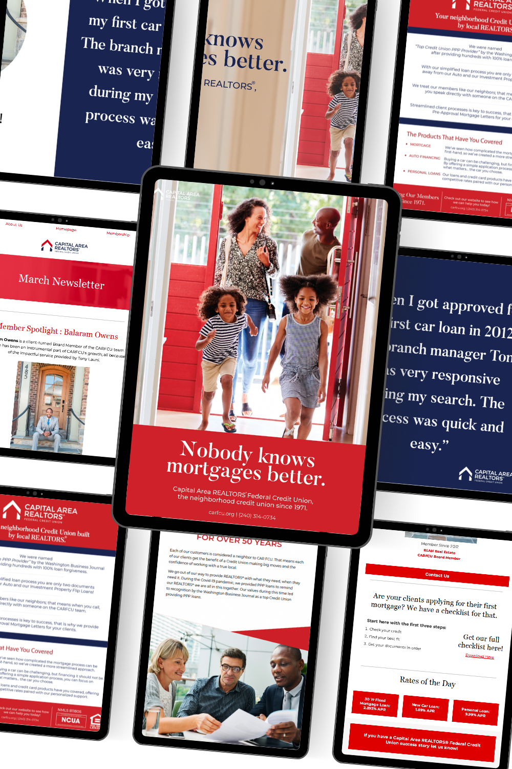 CARFCU email newsletter and digital marketing materials displayed across multiple tablet screens — email marketing design and management by Coast Road Creative
