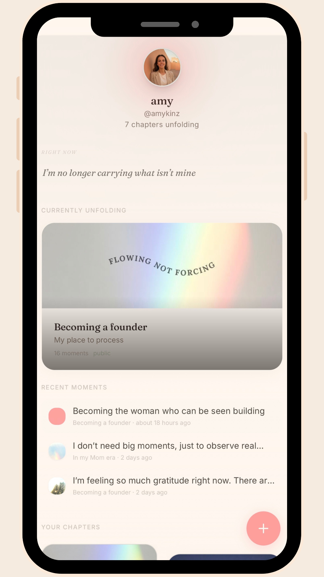 KINZ app dashboard showing a user profile with 7 chapters unfolding. The currently active Living Project is titled "Becoming a founder My place to process" with 16 moments captured. Recent moments include personal reflections added over time.