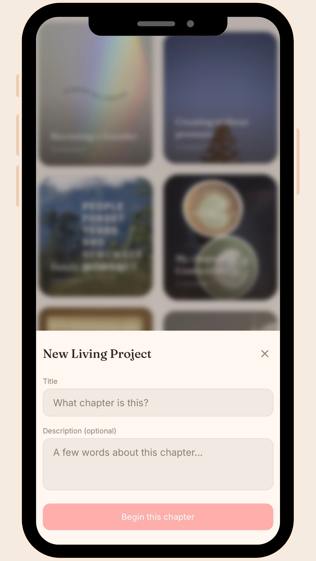 KINZ app screen the New Living Project creation prompt. A text field asks "What chapter is this?" with space for description. Behind the modal, a grid of personal photo tiles from existing Living Projects is visible. Pink button "Begin this chapter"