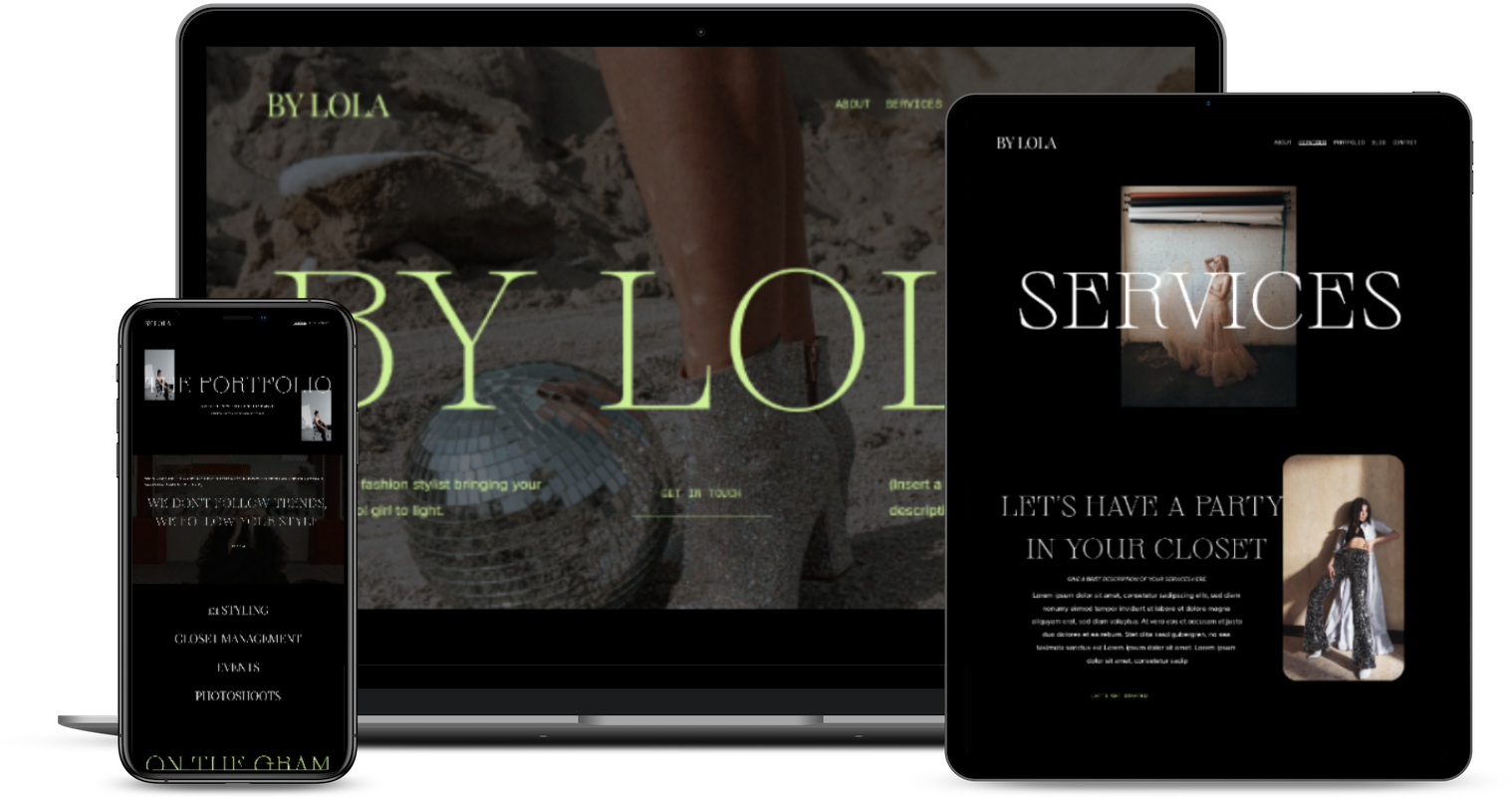 By Lola fashion stylist website template displayed on laptop, tablet, and phone mockups — custom Squarespace website design and development by Coast Road Creative