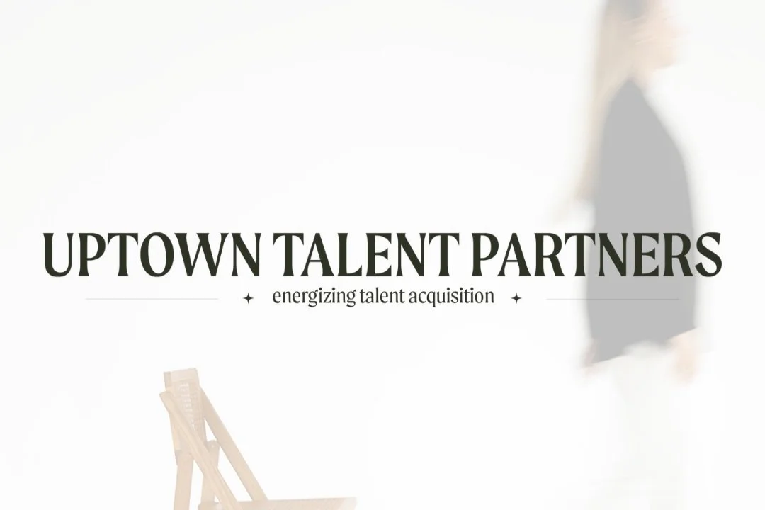 Uptown Talent Partners primary logo displayed over an image of a woman walking away from a chair with a white background— naming and brand identity by Coast Road Creative for a talent acquisition agency