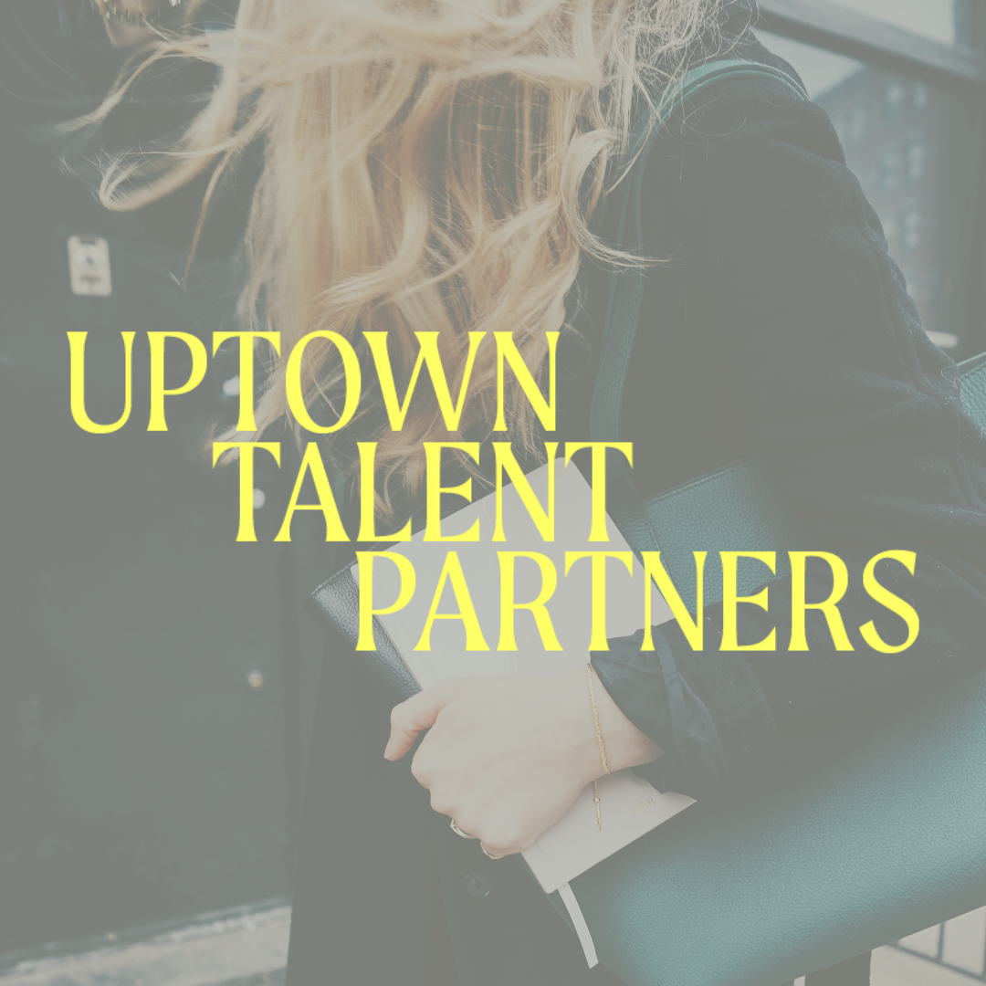 Uptown Talent Partners secondary logo over a close up image of a woman holding a laptop while walking in NYC— part of a complete brand identity system including naming and design by Coast Road Creative for a New York talent agency