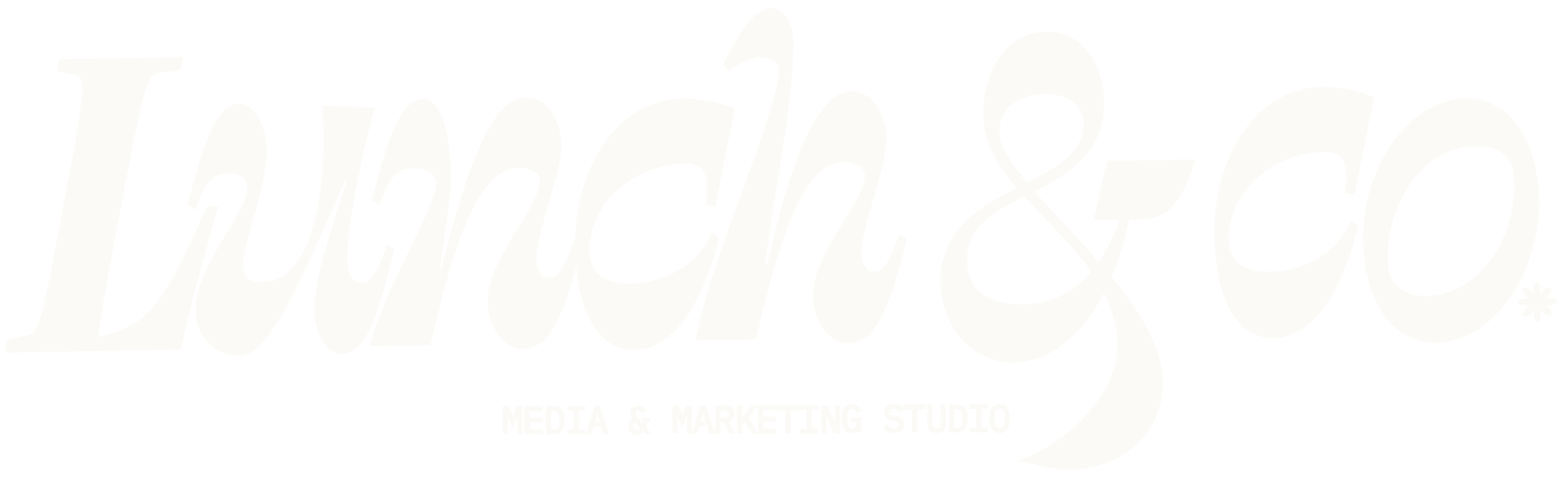 Lunch and Co. Media and Marketing Studio logo in white retro script on dark forest green with layered wavy stripe pattern — brand identity by Coast Road Creative