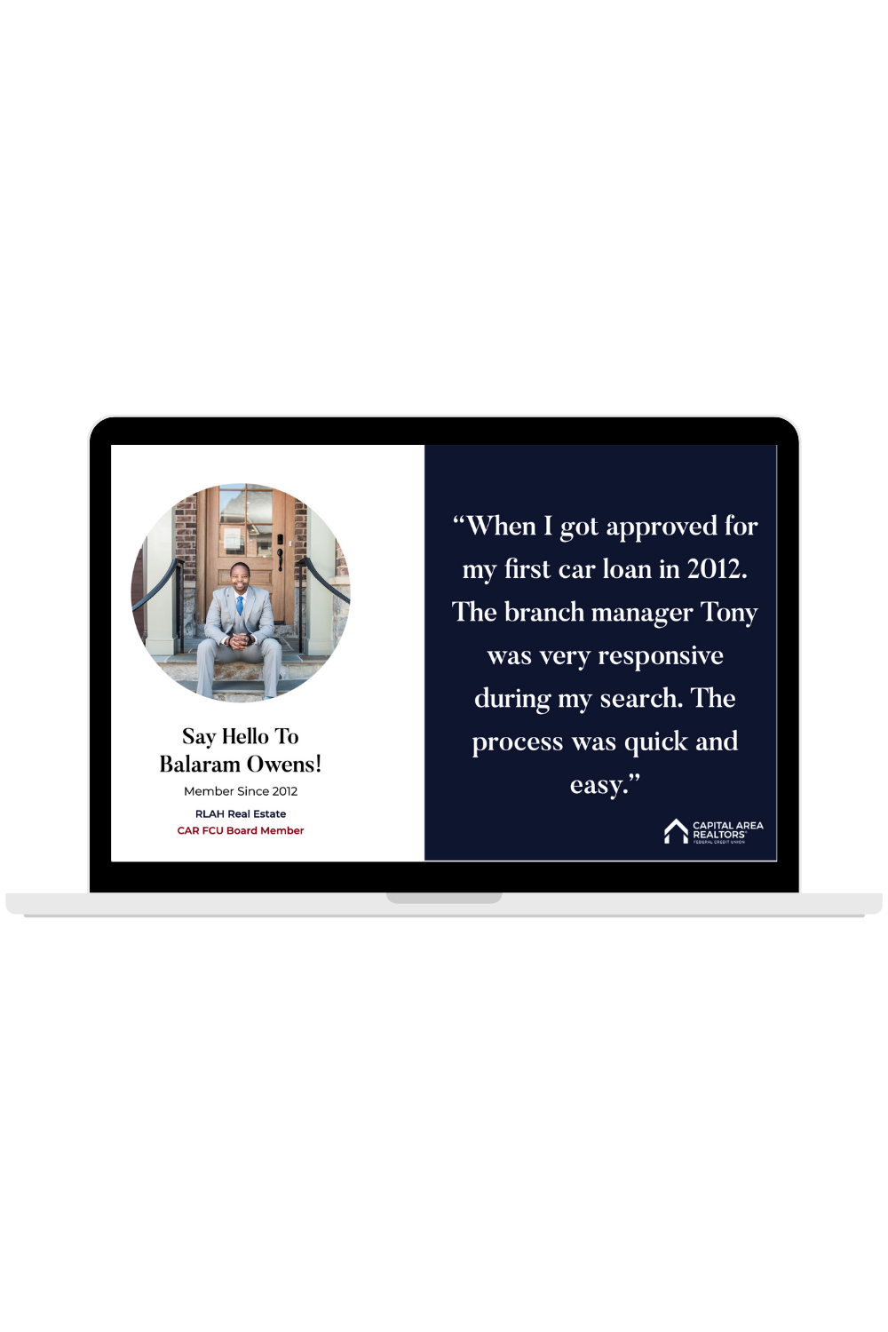 CARFCU Member Spotlight social media graphic for Balaram Owens with circular headshot and testimonial quote displayed on laptop — social media design by Coast Road Creative