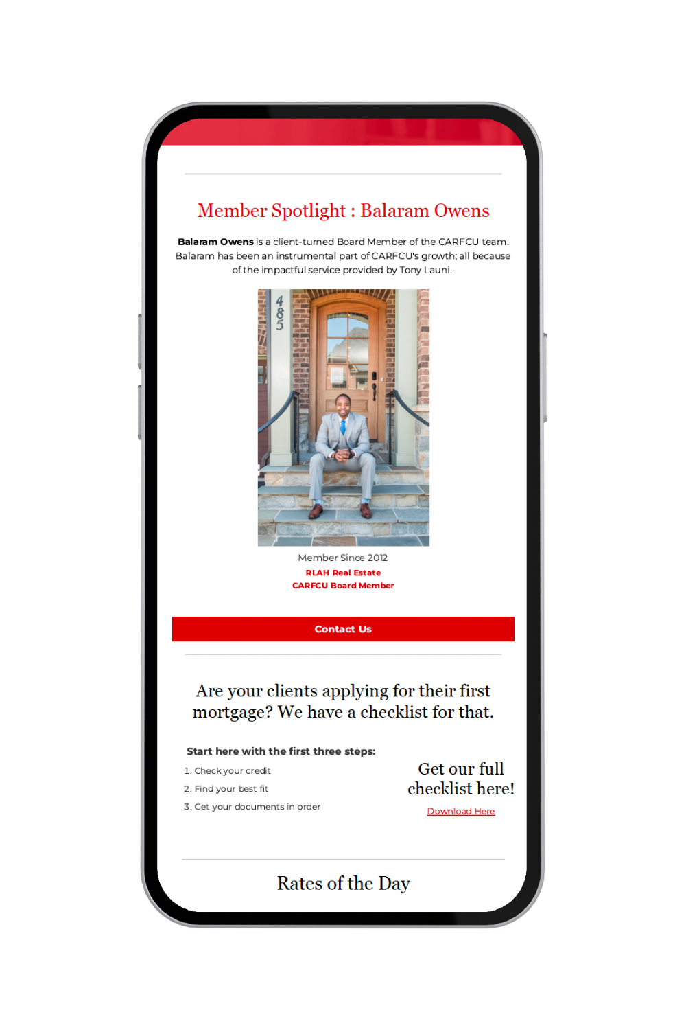 CARFCU March Newsletter email on mobile showing member spotlight for Balaram Owens and a first mortgage checklist section — email marketing design by Coast Road Creative