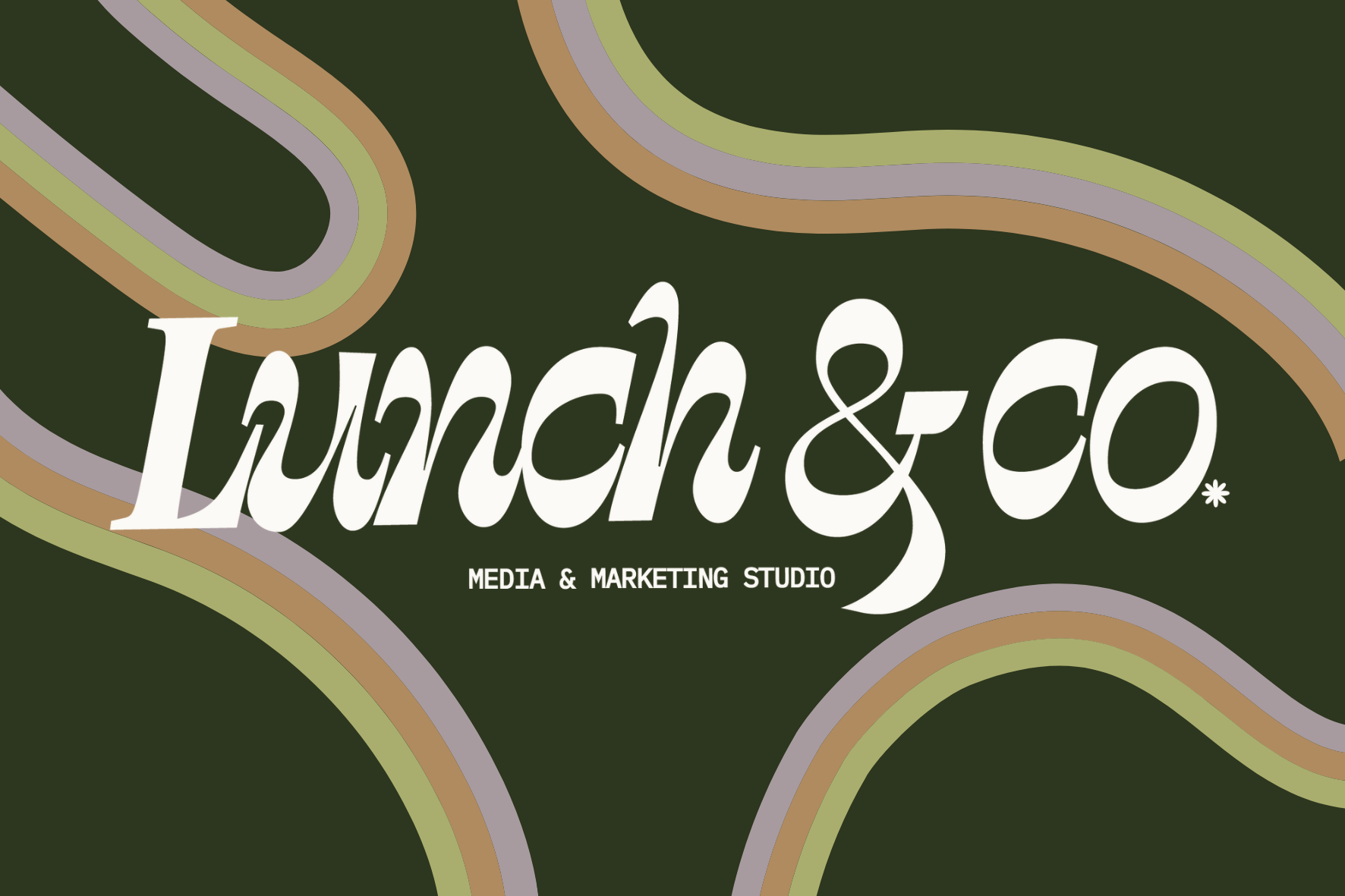 Lunch and Co. Media and Marketing Studio logo in white retro script on dark forest green background with wavy stripe pattern, brand identity by Coast Road Creative
