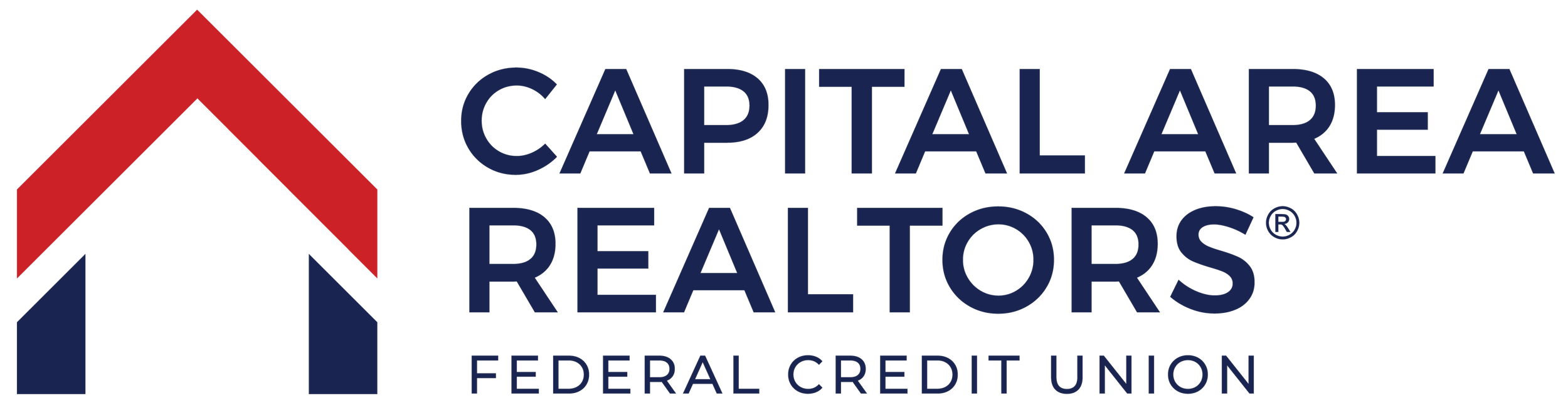 Capital Area Realtors Federal Credit Union full color logo with red chevron house icon and navy blue wordmark — marketing managed by Coast Road Creative