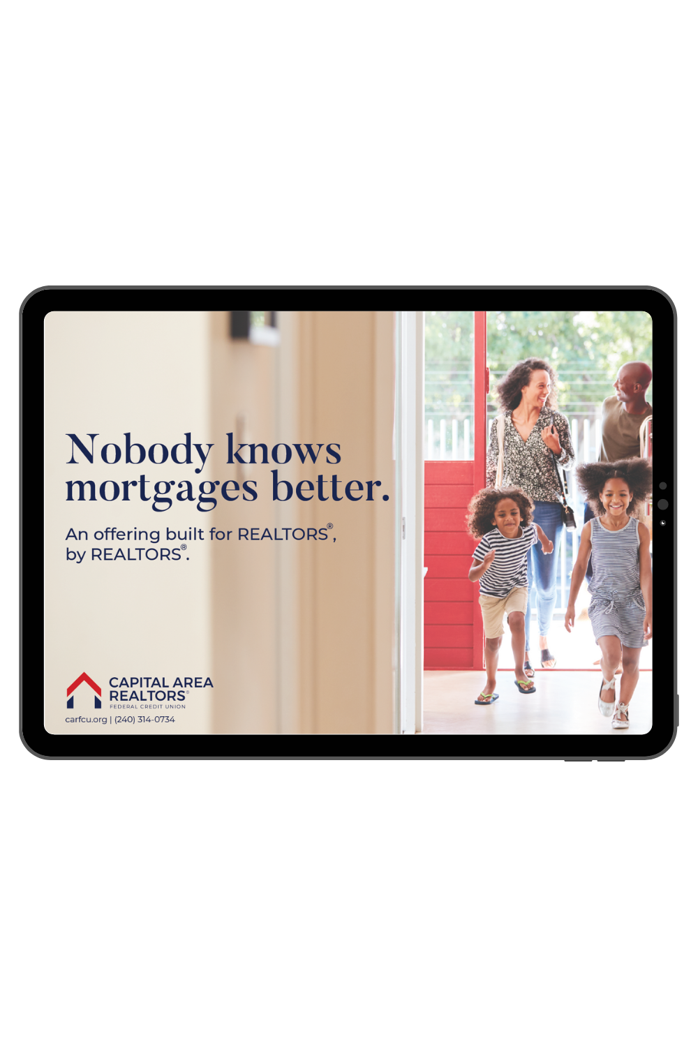 A group of diverse people, including children and adults, happily walking out of a house through a red door onto a porch with greenery in the background.