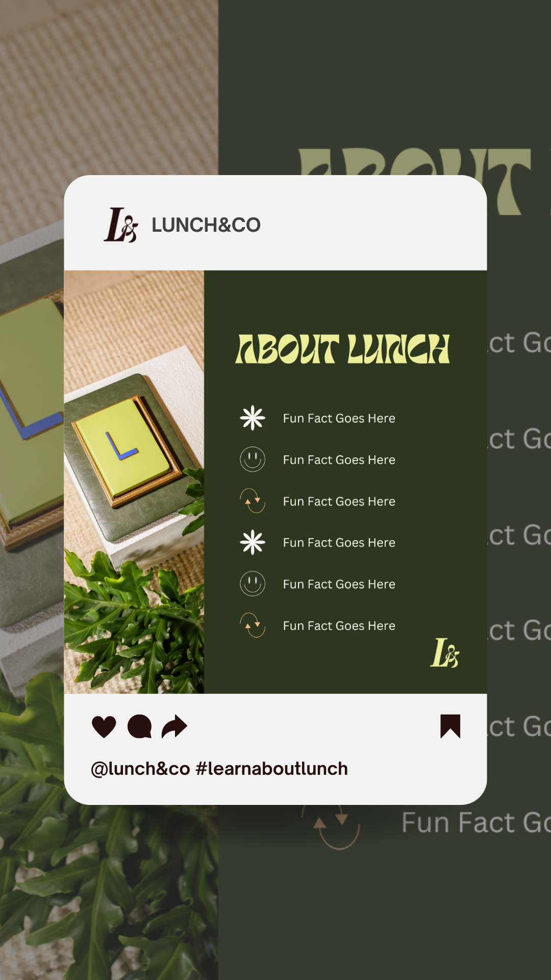 Lunch and Co. Instagram About post template in forest green with retro typography and fun fact bullet point layout — social media design by Coast Road Creative