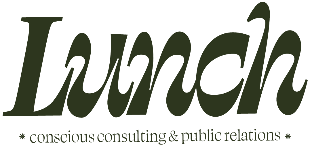 Lunch conscious consulting and public relations logo in dark forest green bold retro serif typography with asterisk details, with orange background: designed by Coast Road Creative