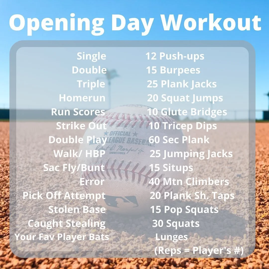 It&rsquo;s one of the best days of the year! Happy Opening Day to all you baseball fans out there! Here is a fun workout to do while you are watching games today and all season long! No equipment needed and you will stay active all game long! If you 