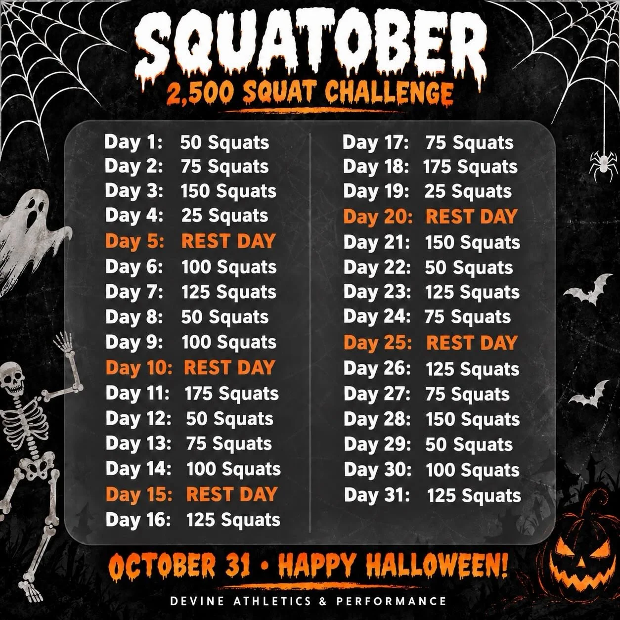 🎃 SQUATOBER STARTS TODAY! 🎃

31 days. 2,500 total squats. A different challenge every day. 🍑🔥

This year we&rsquo;re doing things a little differently! You can either do the number of squats for the day by breaking them up through the day or you 