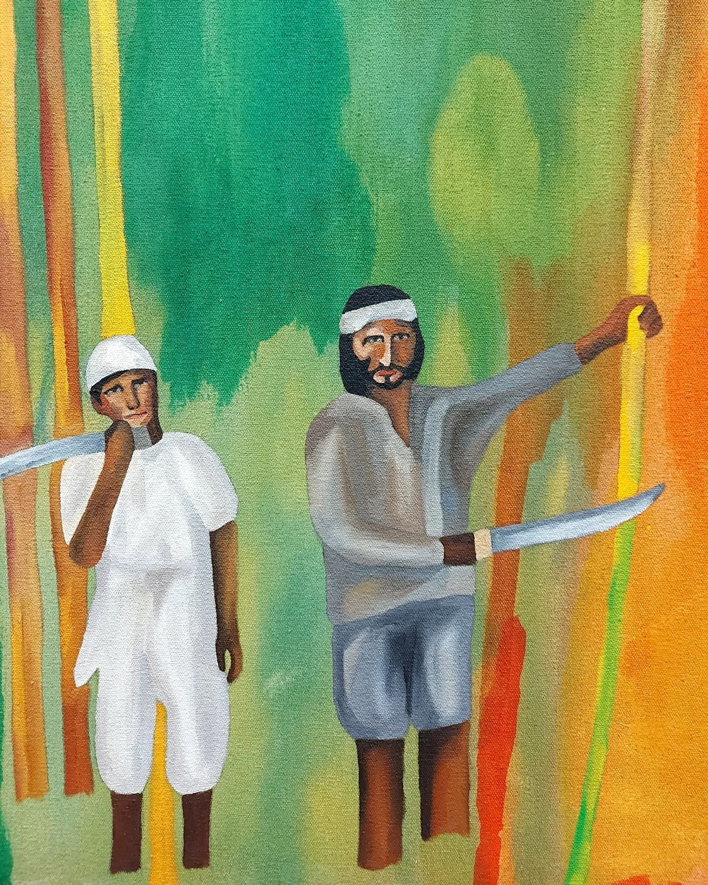 Another work in progress detail shot of the painting that I am currently working on. This composition is inspired by a photograph taken in the 19th century of Indian indentured labourers reaping sugar cane with cutlasses in South Africa. 🌴🤍🙏🏼🖌🕊