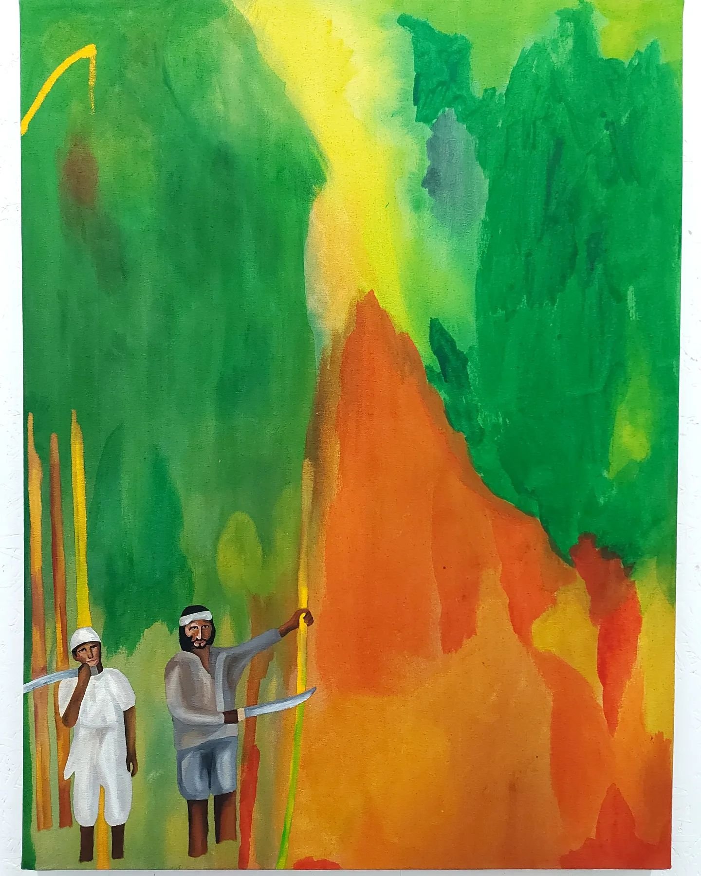 A studio shot of the painting that I am currently working on. This composition, when fully completed, will depict Indian indentured labourers reaping sugar cane using a cutlass, 
an implement that is still used today in India and by those of Indian d